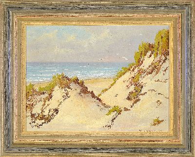 27049162k - Peter Schlünsen, 1890 Leipzig-1967 Hiddensee, Dünen am Meer, Öl/Malkarton, rechts ...