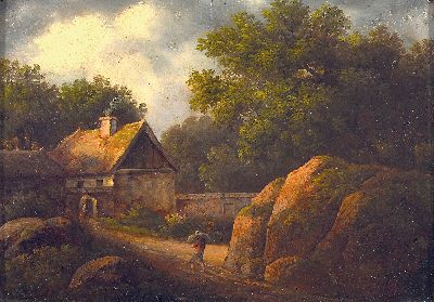 Image Niederländischer Maler des 19. Jh., Landschaft mit Bäumen und Bauernhaus und ...