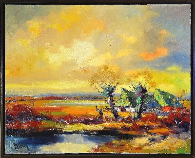 27049167k - Unbekannter zeitgenössischer Künstler, Landschaft mit Bauernhaus, Öl/Lwd, links unten ...