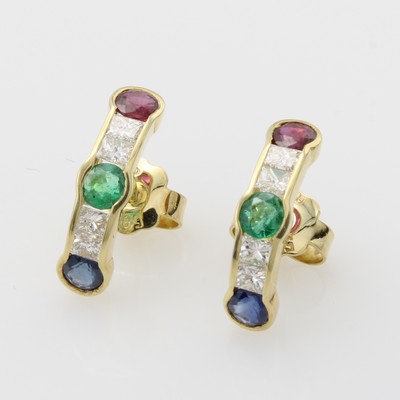 Image Paar Ohrstecker mit Farbsteinen und Diamanten, GG 585/000, fac. Rubine, Smaragde und ...
