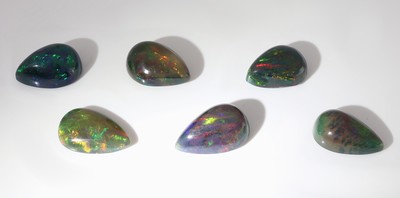 27049202b - Lot 6 lose schwarze Opale, zus. ca. 16.36 ct, tropfenf. Cabochons in versch. Größen, ...