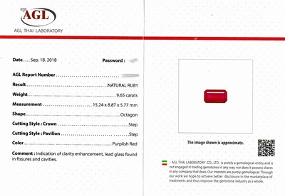 27049249d - Loser Rubin, ca. 9.65 ct, oktagonaler Treppenschliff, ca. 15.24 x 8.87 x 5.77 mm, ...