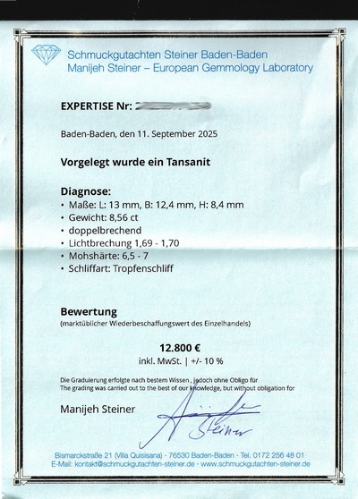 27049261d - Loser Tansanit, ca. 8.55 ct, facett. Tropfen, sehr schöne Farbe, ca. 12.97 x 12.36 x ...