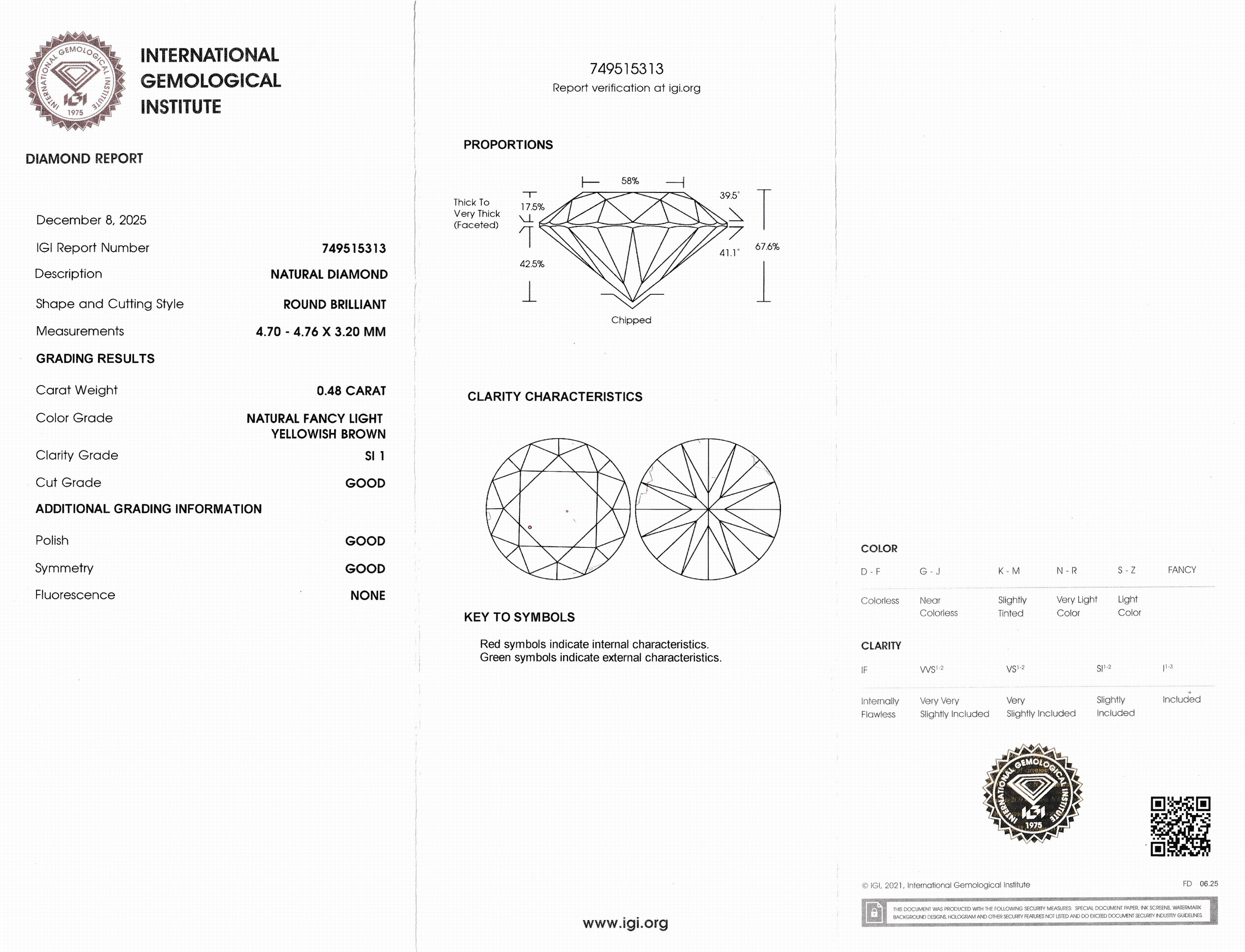 Detail a: Loser Brillant, 0.48 ct Natural Fancy Light Yellowish Brown/si1, eingeschweißt, IGI -Expertise