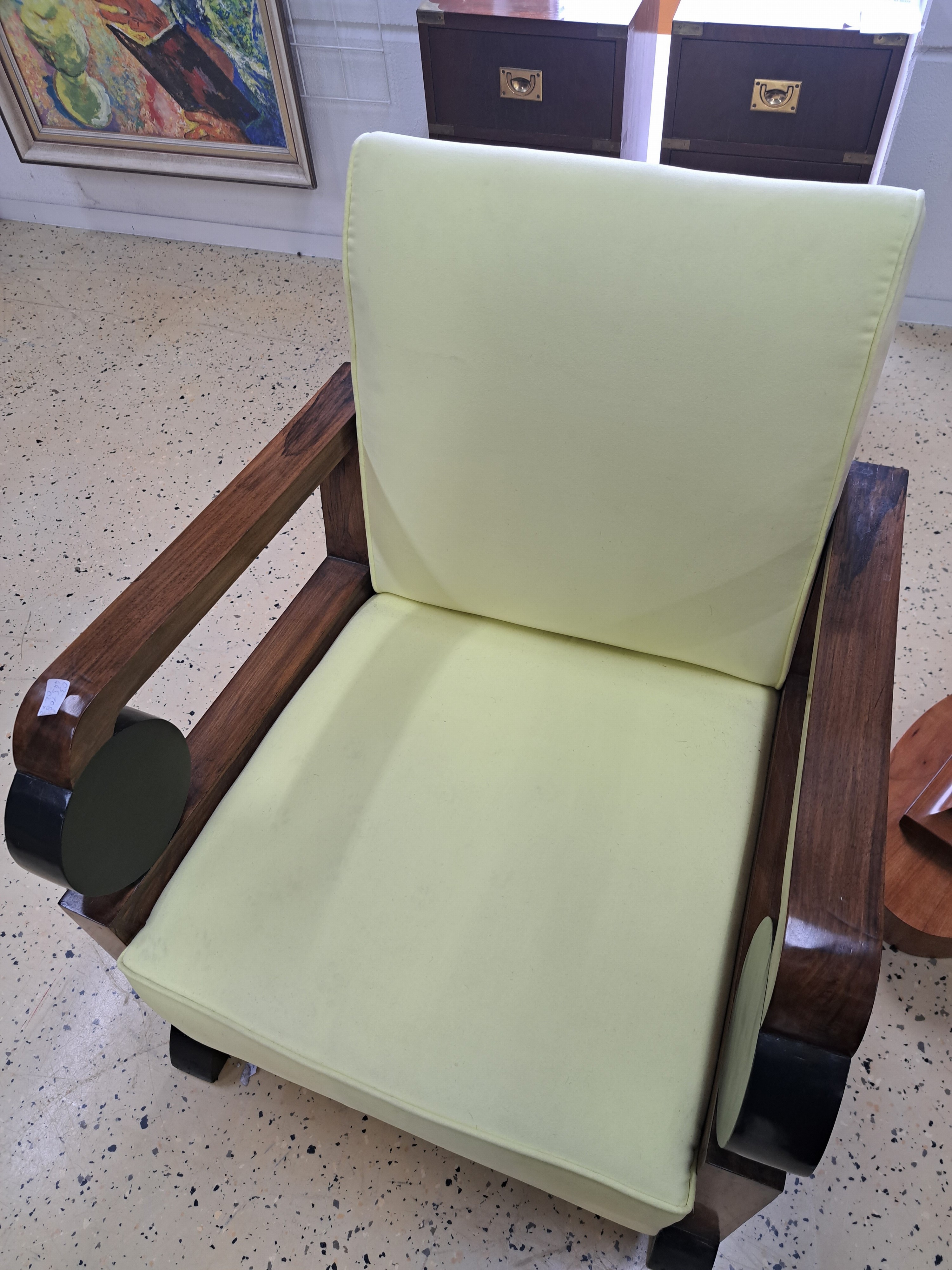 Detail a: Pair of Art Deco armchairs or club chairs, around 1920/30s, walnut, light yellow fabric covers on the secondary, geometric style elements partly ...