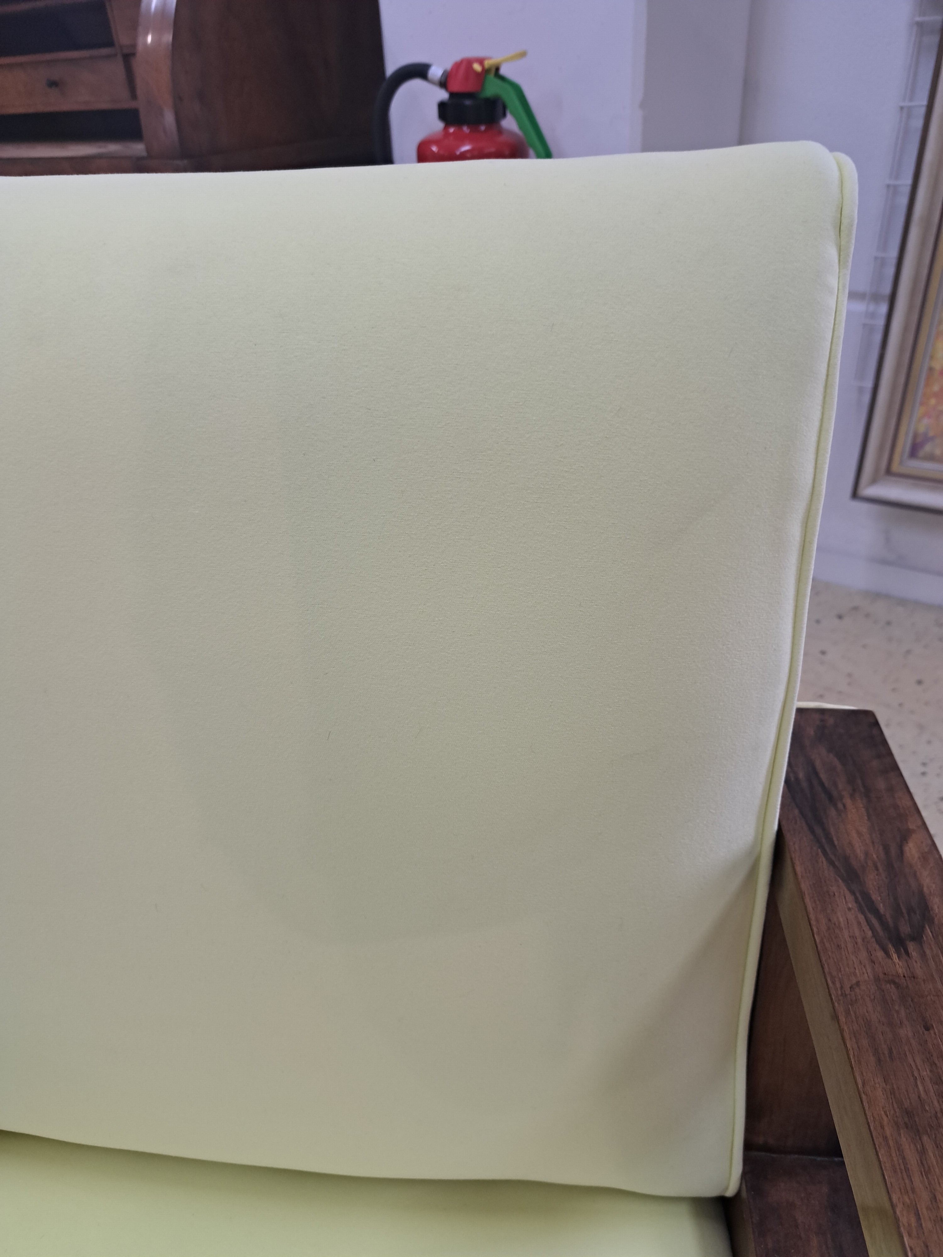 Detail e: Pair of Art Deco armchairs or club chairs, around 1920/30s, walnut, light yellow fabric covers on the secondary, geometric style elements partly ...