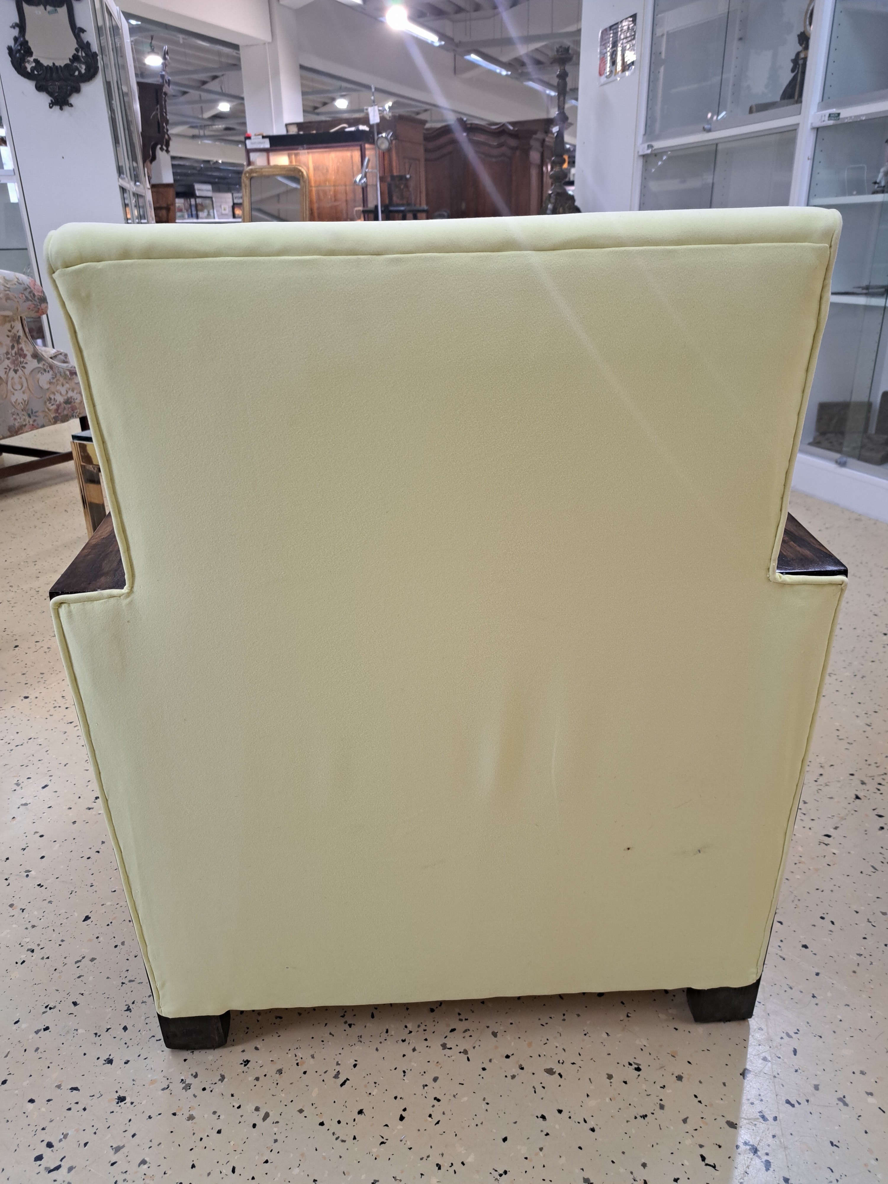 Detail f: Pair of Art Deco armchairs or club chairs, around 1920/30s, walnut, light yellow fabric covers on the secondary, geometric style elements partly ...