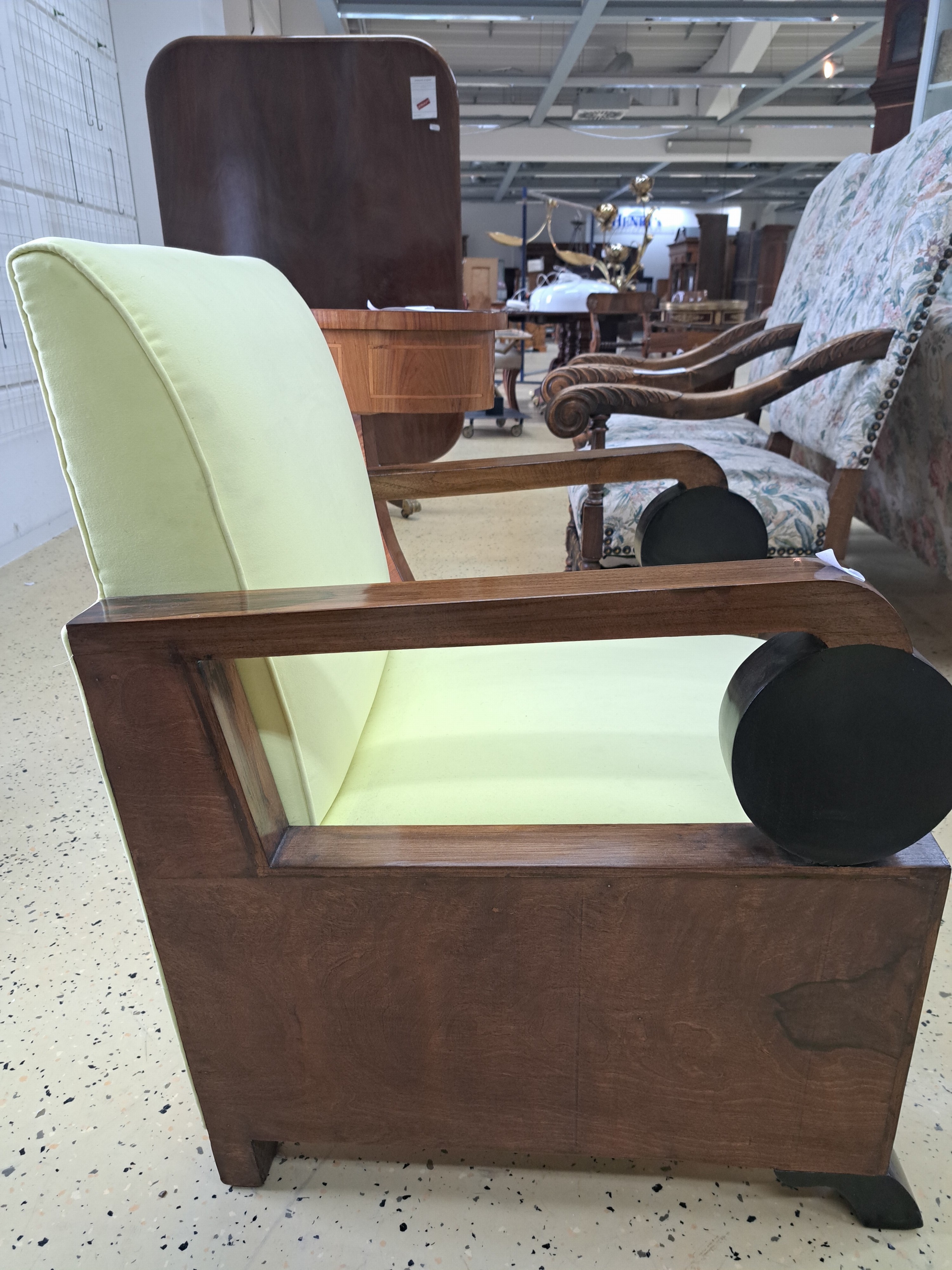 Detail h: Pair of Art Deco armchairs or club chairs, around 1920/30s, walnut, light yellow fabric covers on the secondary, geometric style elements partly ...