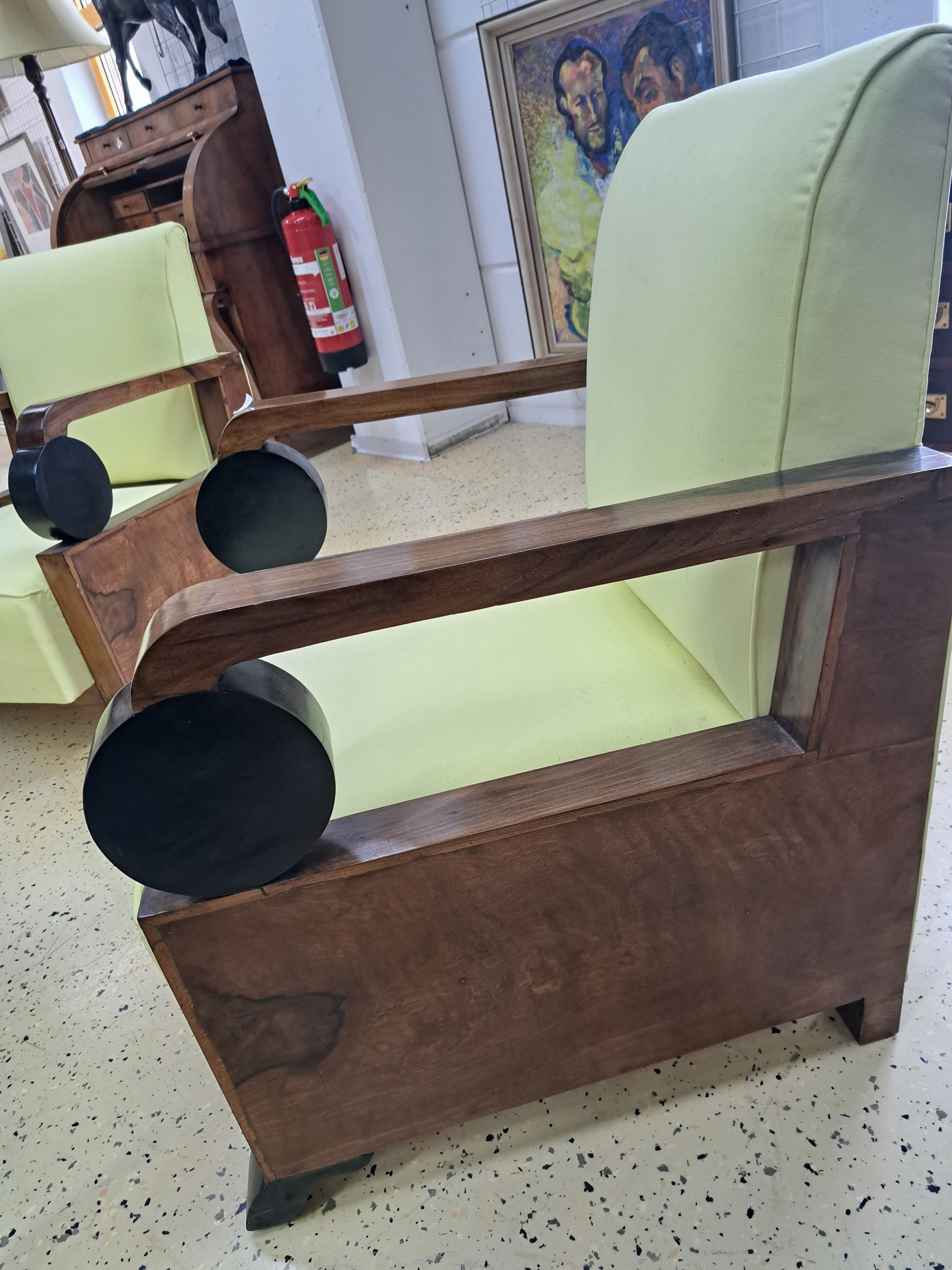 Detail i: Pair of Art Deco armchairs or club chairs, around 1920/30s, walnut, light yellow fabric covers on the secondary, geometric style elements partly ...