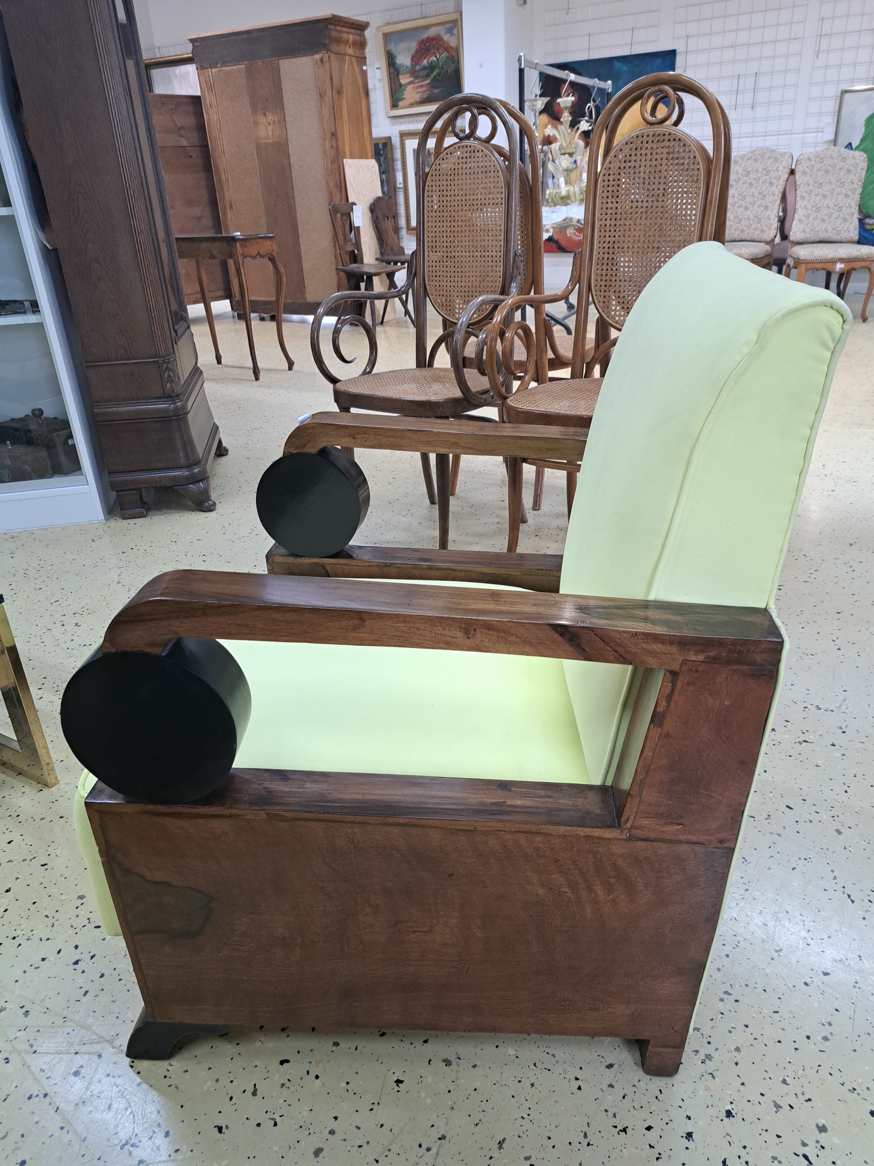 Detail j: Pair of Art Deco armchairs or club chairs, around 1920/30s, walnut, light yellow fabric covers on the secondary, geometric style elements partly ...