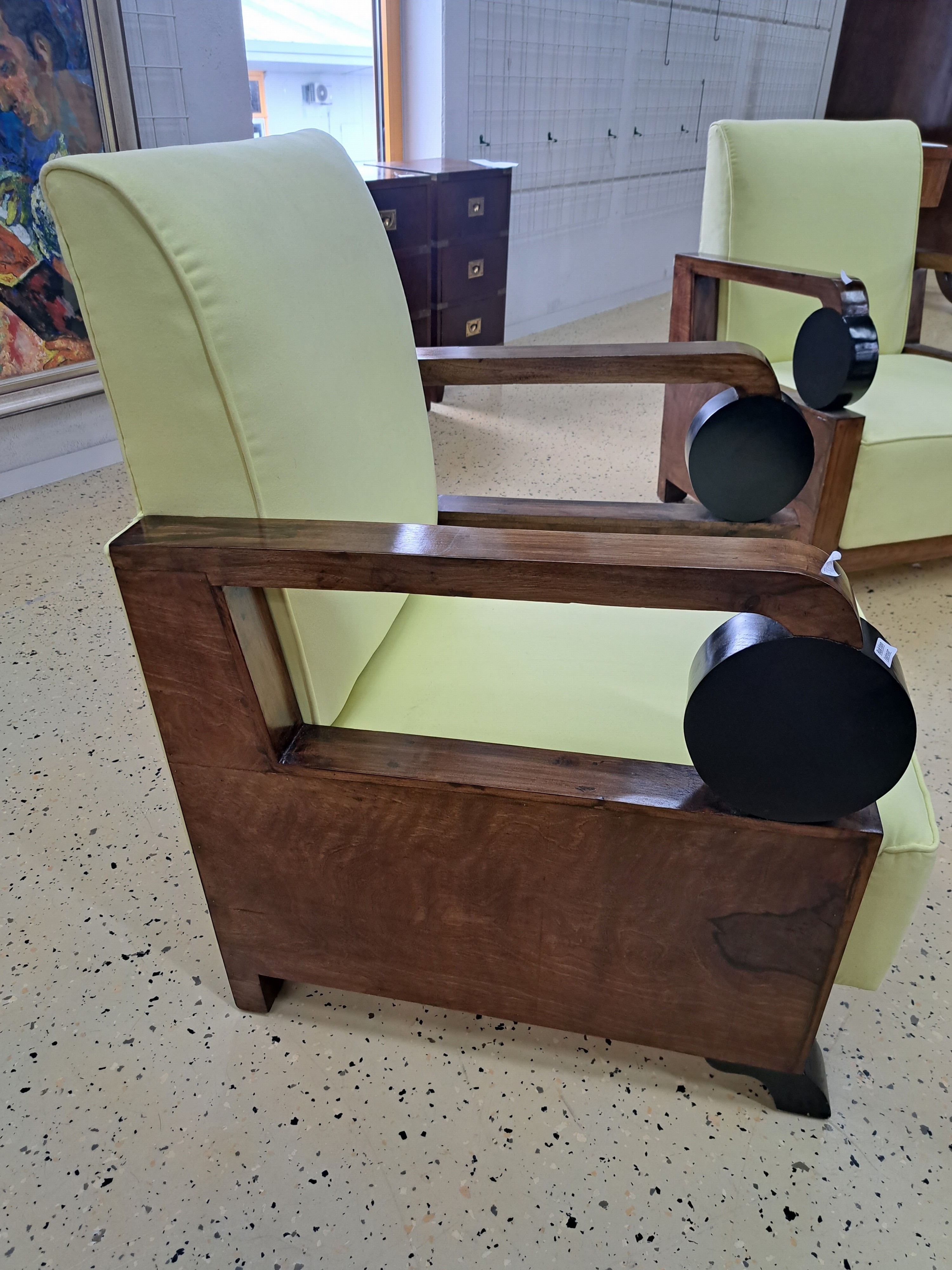 Detail k: Pair of Art Deco armchairs or club chairs, around 1920/30s, walnut, light yellow fabric covers on the secondary, geometric style elements partly ...