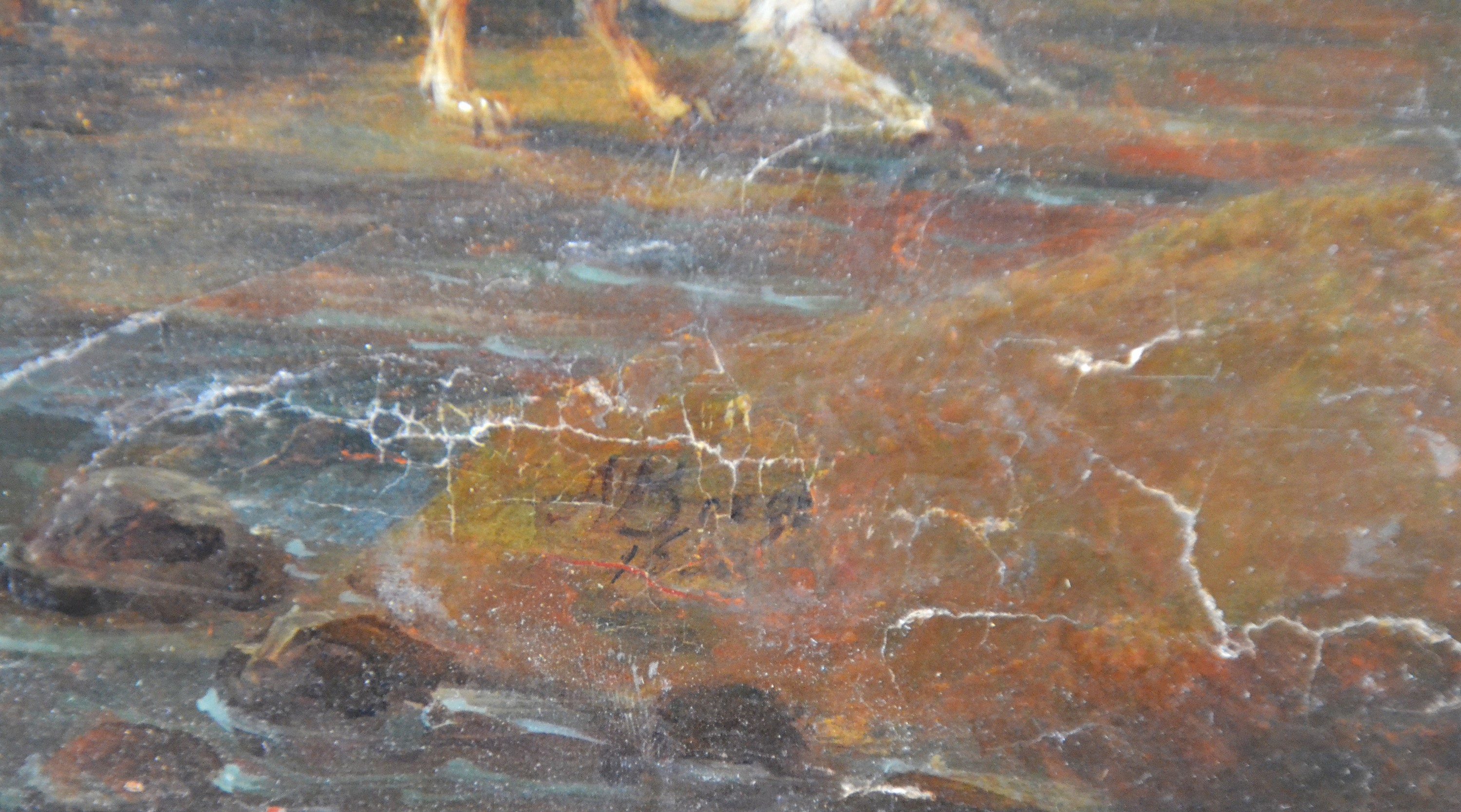 Detail e: Zuschreibung: Nicolaes Pietersz. Berchem, 1620 Haarlem-1683 Amsterdam, italianisierende Landschaft mit Hirtenpaar und Vieh an der Furt, Landschaft in ...