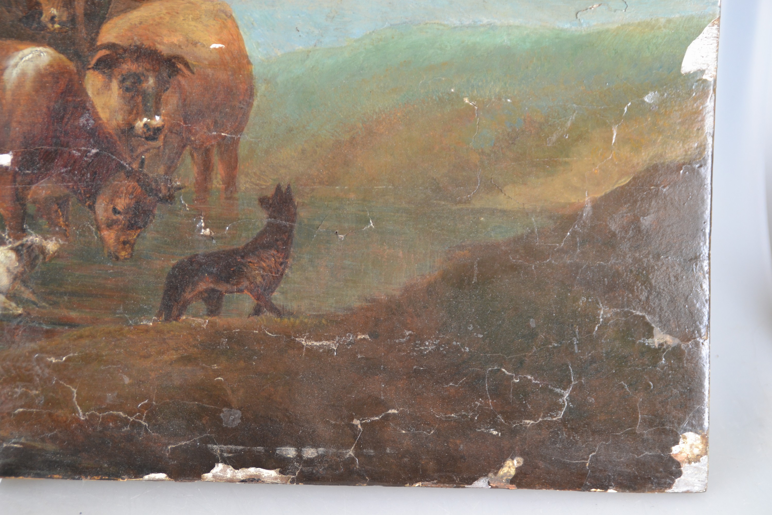 Detail f: Zuschreibung: Nicolaes Pietersz. Berchem, 1620 Haarlem-1683 Amsterdam, italianisierende Landschaft mit Hirtenpaar und Vieh an der Furt, Landschaft in ...