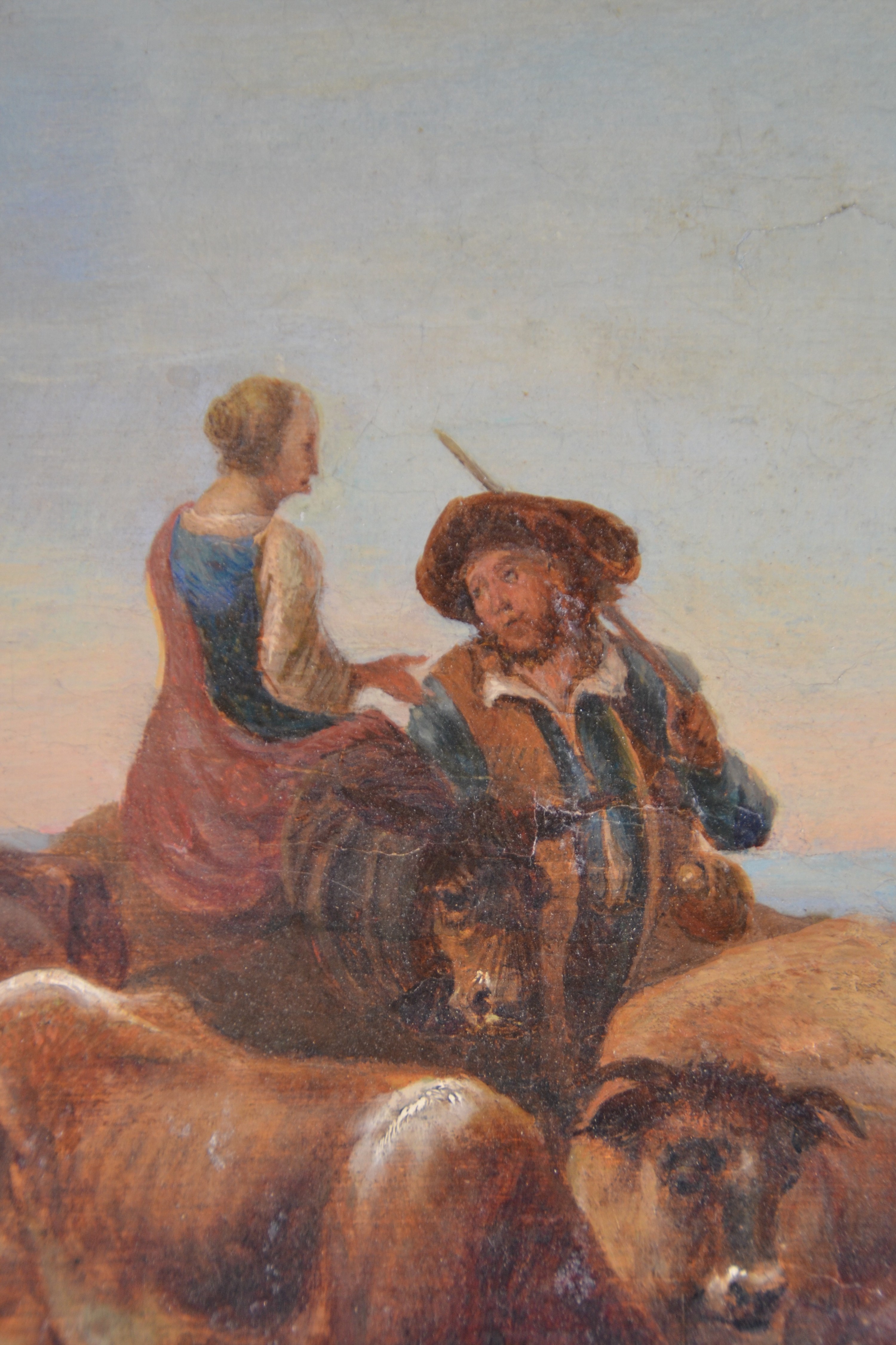 Detail h: Zuschreibung: Nicolaes Pietersz. Berchem, 1620 Haarlem-1683 Amsterdam, italianisierende Landschaft mit Hirtenpaar und Vieh an der Furt, Landschaft in ...