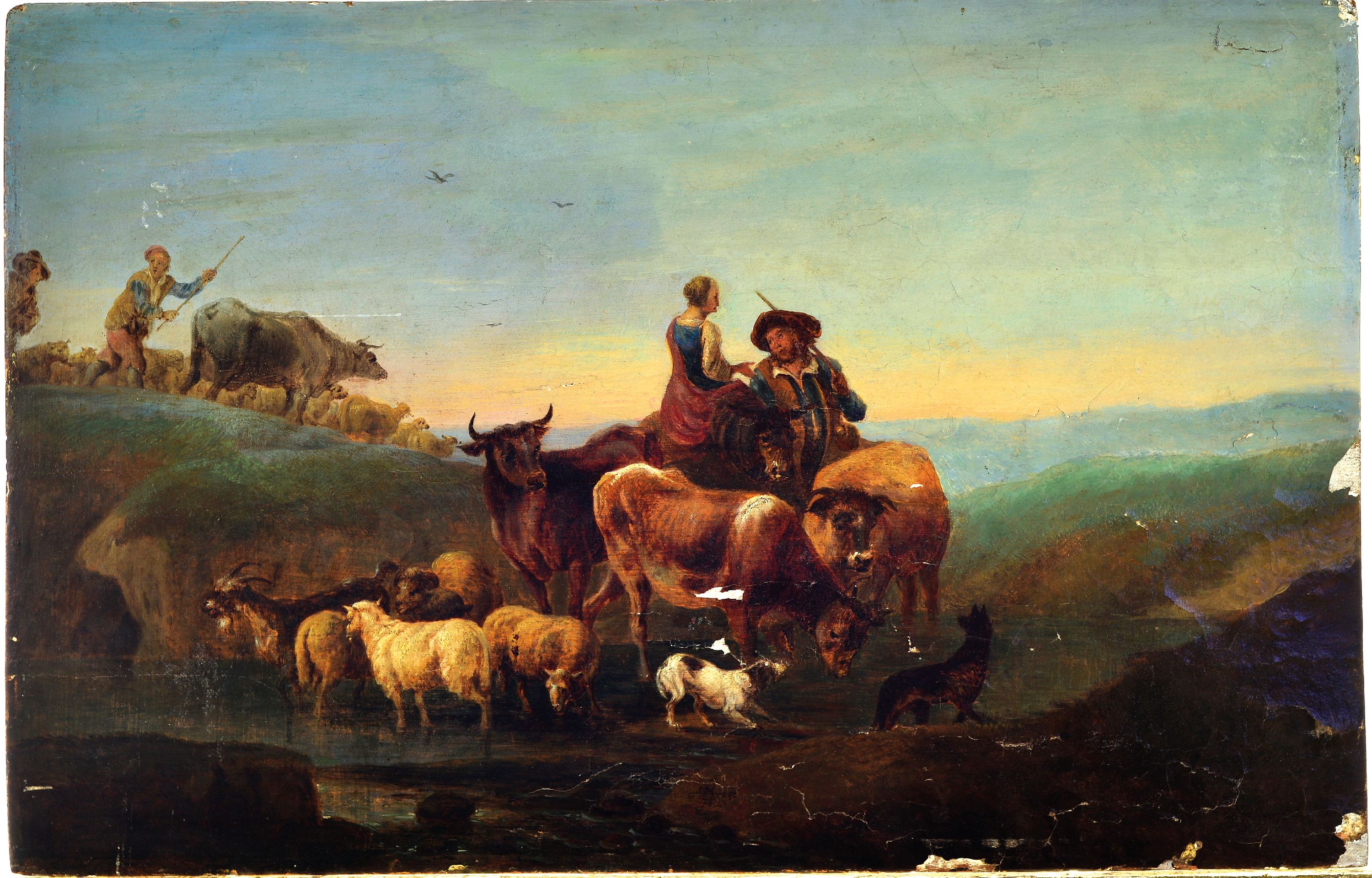 Detail k: Zuschreibung: Nicolaes Pietersz. Berchem, 1620 Haarlem-1683 Amsterdam, italianisierende Landschaft mit Hirtenpaar und Vieh an der Furt, Landschaft in ...