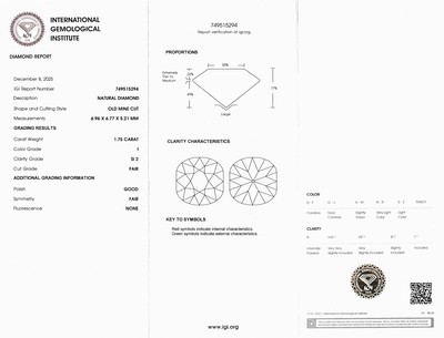 27049336a - Loser Diamant, 1.75 ct l.get.Weiß(I)/si2, Old Mine Cut, eingeschweißt, IGI-Expertise ...