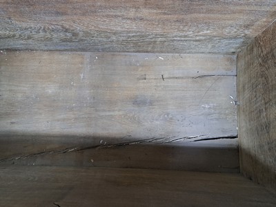 27049354h - Round lid chest, Baroque, 18th century, solid oak, with elaborately forged iron fittings, ...