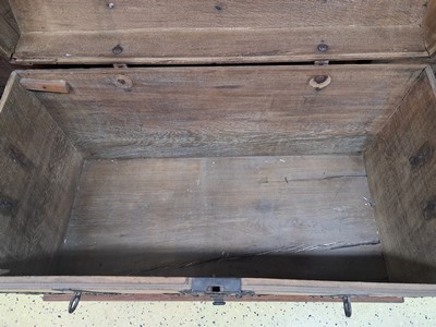 27049354i - Round lid chest, Baroque, 18th century, solid oak, with elaborately forged iron fittings, ...