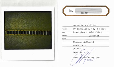 27049364a - 18 kt Gold Turmalin-Collier, GG 750/000, 70 grüne brasilianische Turmalin-Baguettes ...
