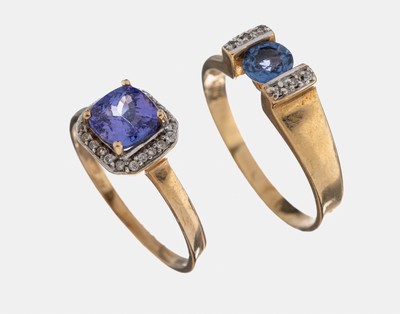 Image 9 kt Gold Konvolut 2 Ringe, #ä# GG 375/000, 1 x facett. Tansanit im Cushion Cut ca. 1.0 ...