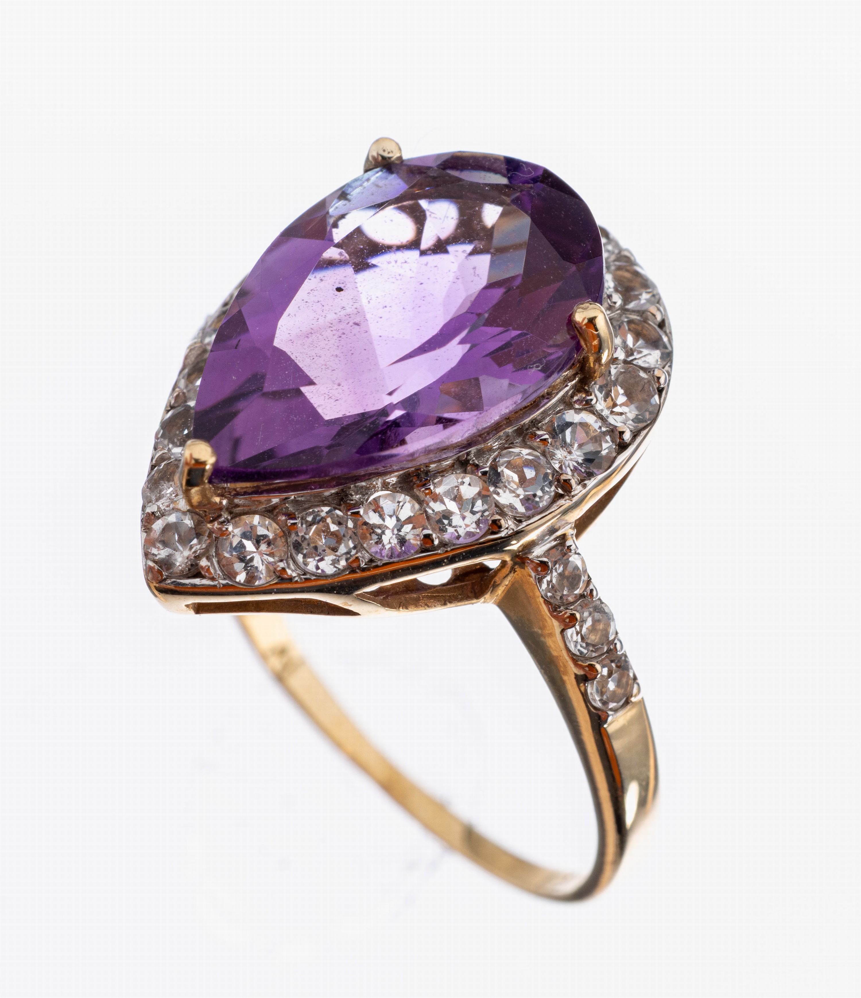 Image 27049401 - 9 kt Gold Amethyst-Ring, GG 375/000, facett. Amethyst-Tropfen ca. 5.0 ct, umgeben von ...