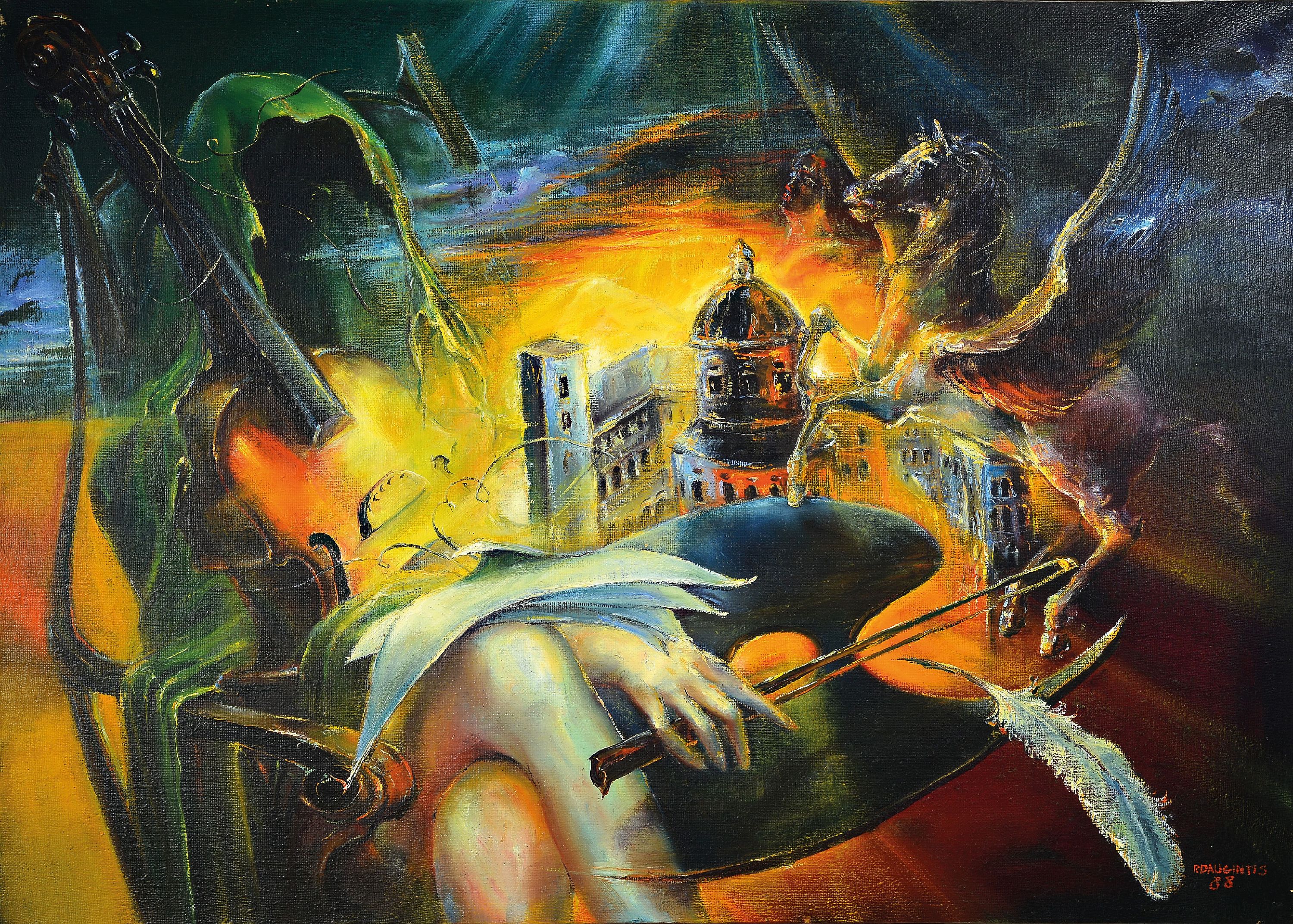 Detail k: Rimantas Dauginitis, 1944 Baubliai-1990 Budapest, surrealistische Komposition, rechts unten signiert und datiert 1988, Öl/Lwd, ohne Rahmen, 84x116 ...