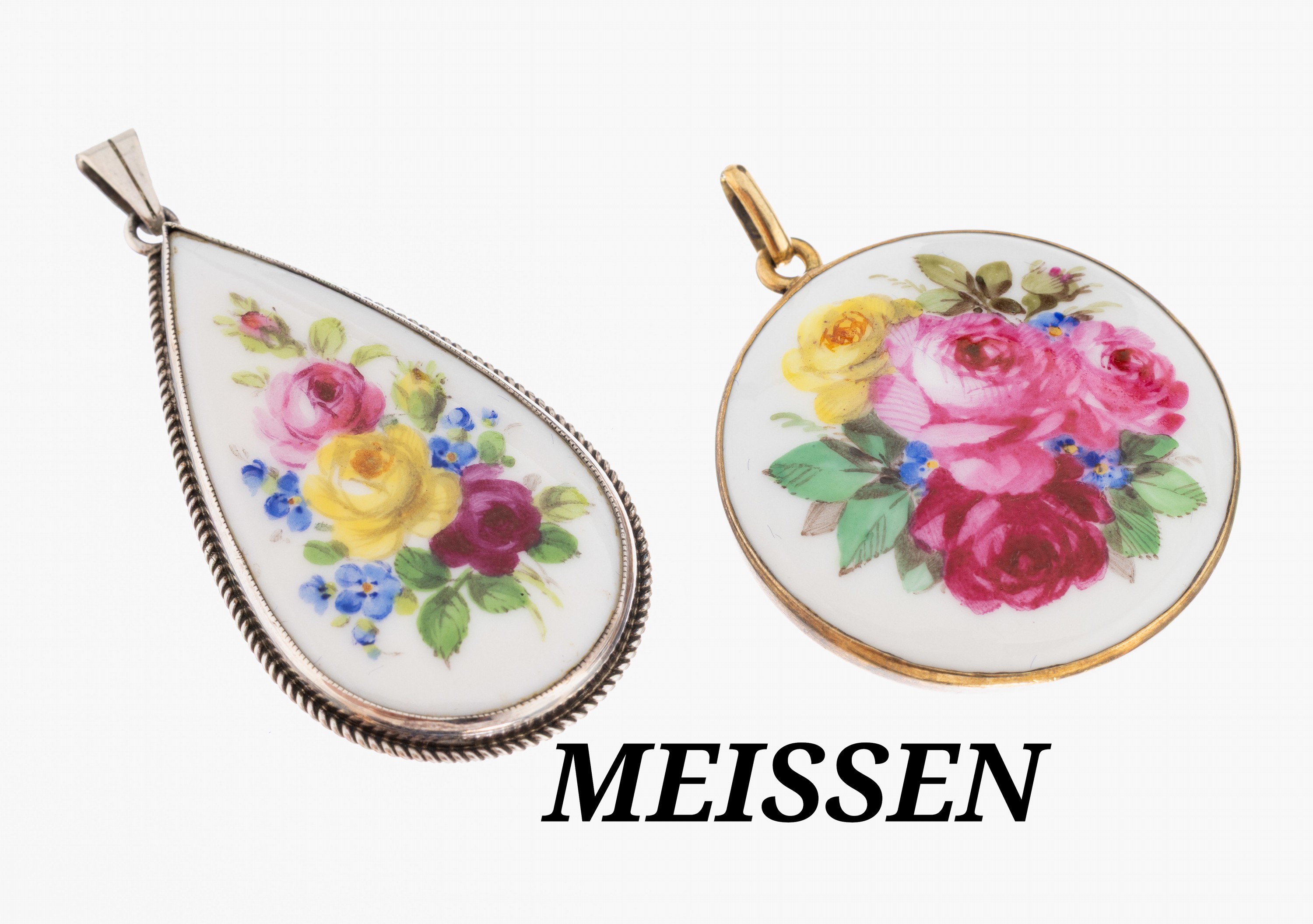 Image 27049414 - Konvolut 2 MEISSEN Porzellan-Anhänger, 1 x runde Porzellaneinlage, Blumendekor, ...