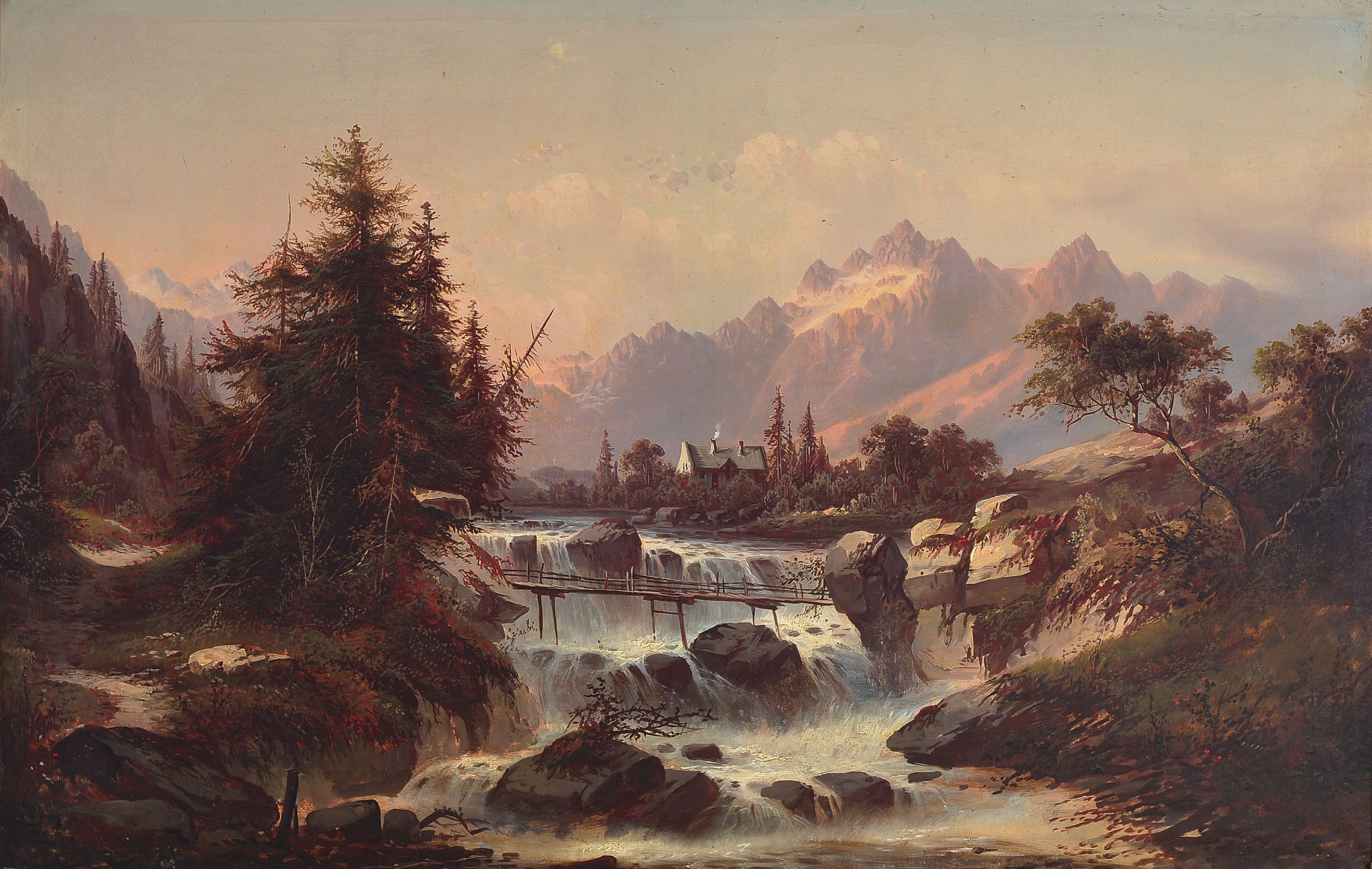 Detail a: Unbekannter Künstler des fortgeschrittenen 19 .Jh., 2 Pendants: Voralpenlandschaften, Wasserläufe mit bäuerlichem Gehöft vor Bergpanorama, ...