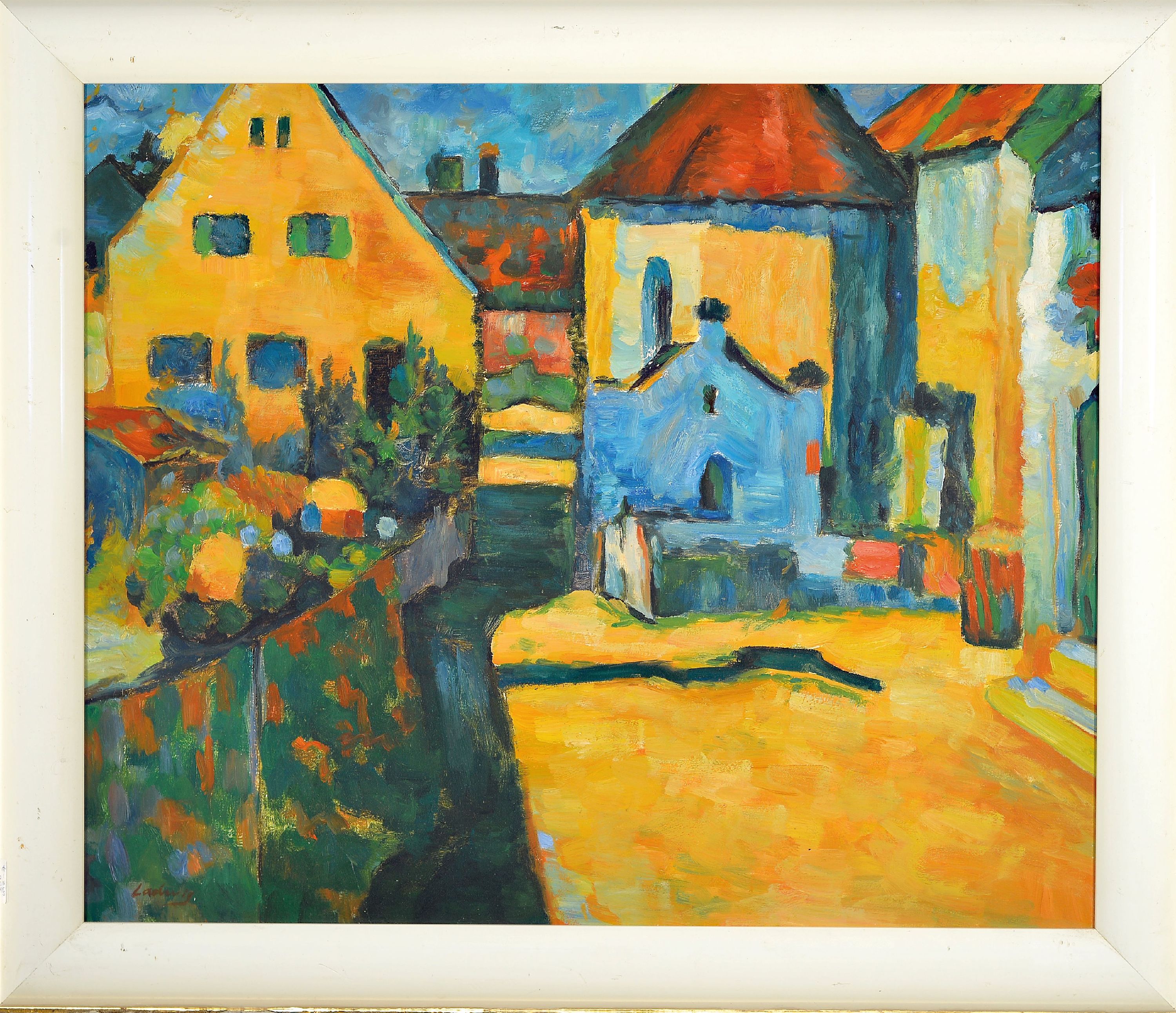 Detail k: Roland Ladwig, 1935 Wedel-2014 Berlin, expressiv-realistische Dorflandschaft, links unten signiert, Öl/Lwd, ungerahmt 50x60 cm; Ladwig studierte in ...