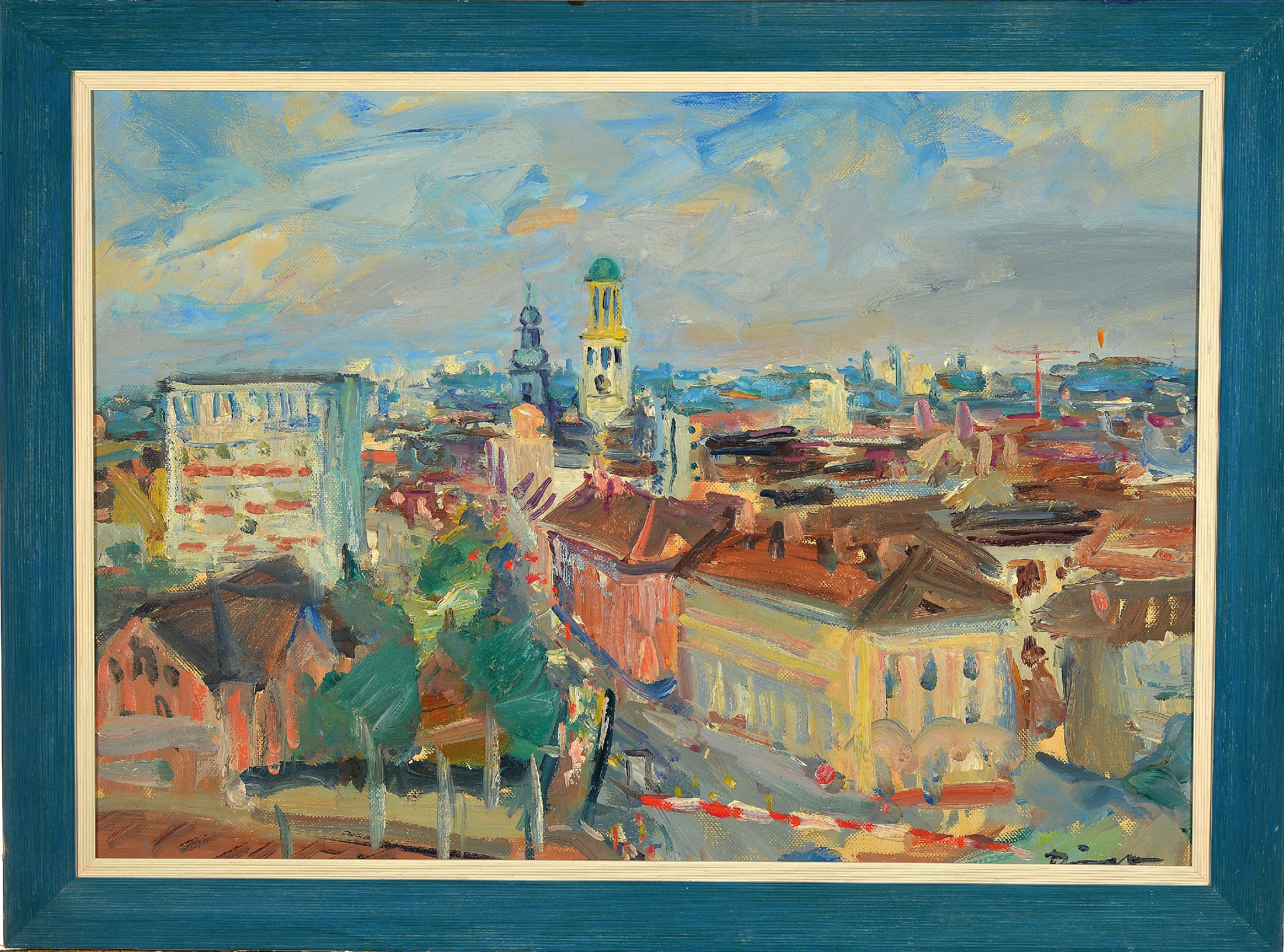 Detail k: Rigo Schmitt, 1927 Hirschhorn am Neckar-1988 Reichelsheim, Panorama eines süddeutschen Stadt, rechts unten signiert, Öl/Lwd, 55x70 cm, Rahmen 58x73 ...