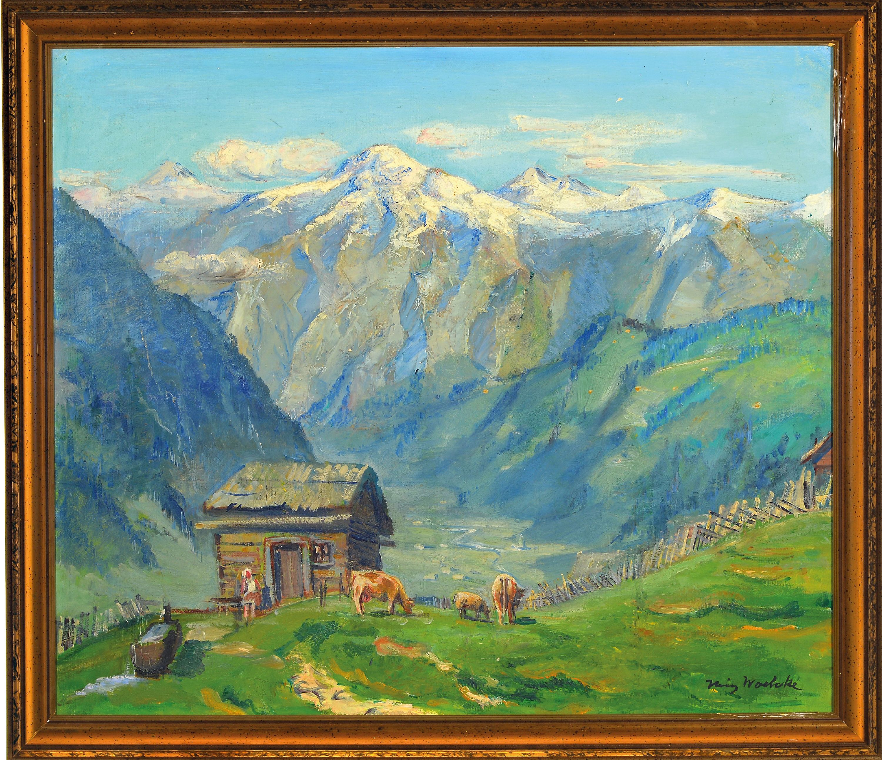 Detail k: Heinz Woelcke, 1888 Frankfurt-1963, Alpenlandschaft, rechts unten signiert, Öl/Lwd, 60x70 cm, Rahmen 69x79 cm, verso auf altem Etikett schwer lesbar ...