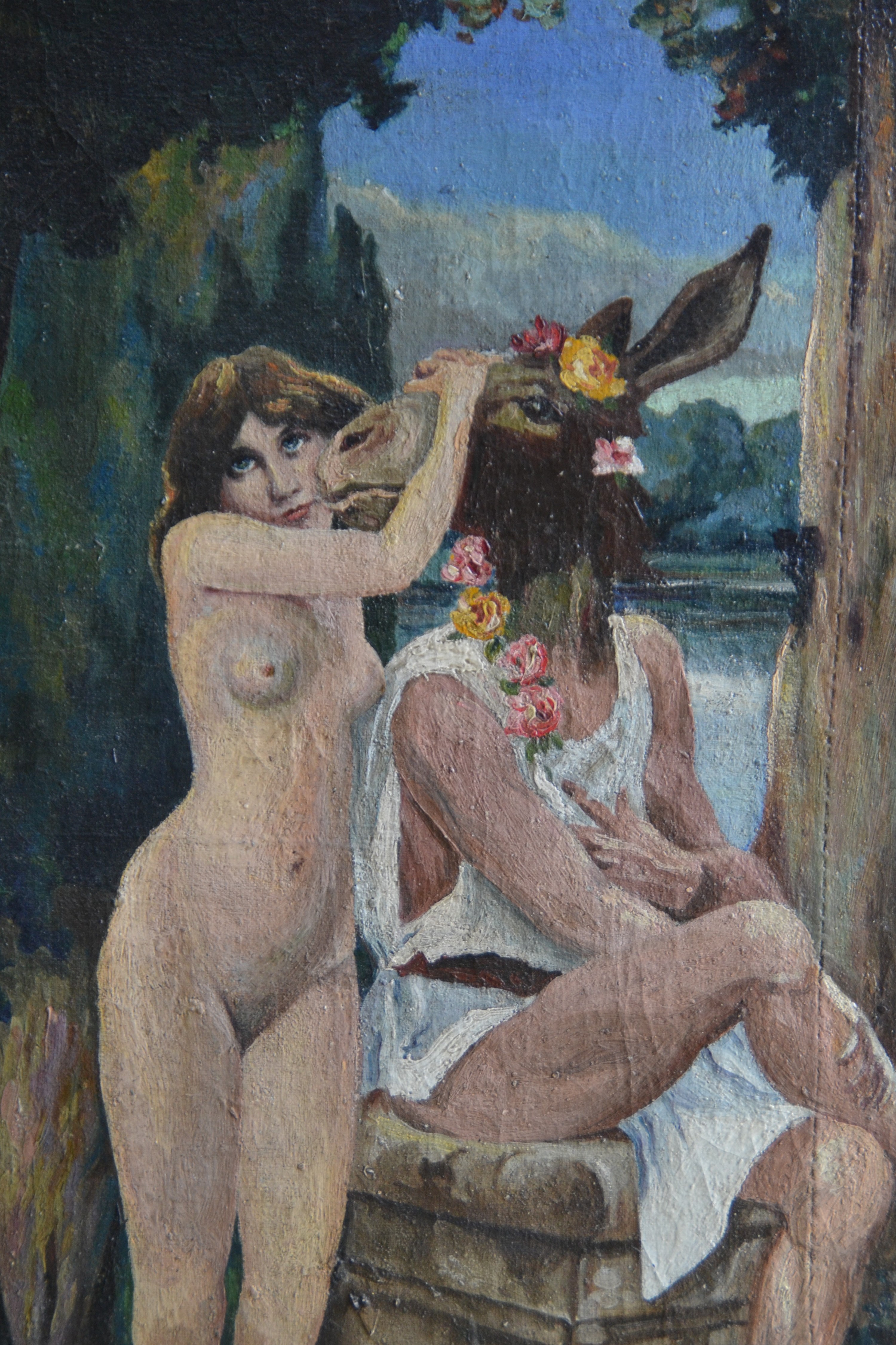 Detail b: Poljiakow, ungedeuteter russischer Künstler des 19./20.Jh., antikisierende Figurengruppe, 5 Akte um eine männliche Figur mit Eselkopf oder Maske, ...
