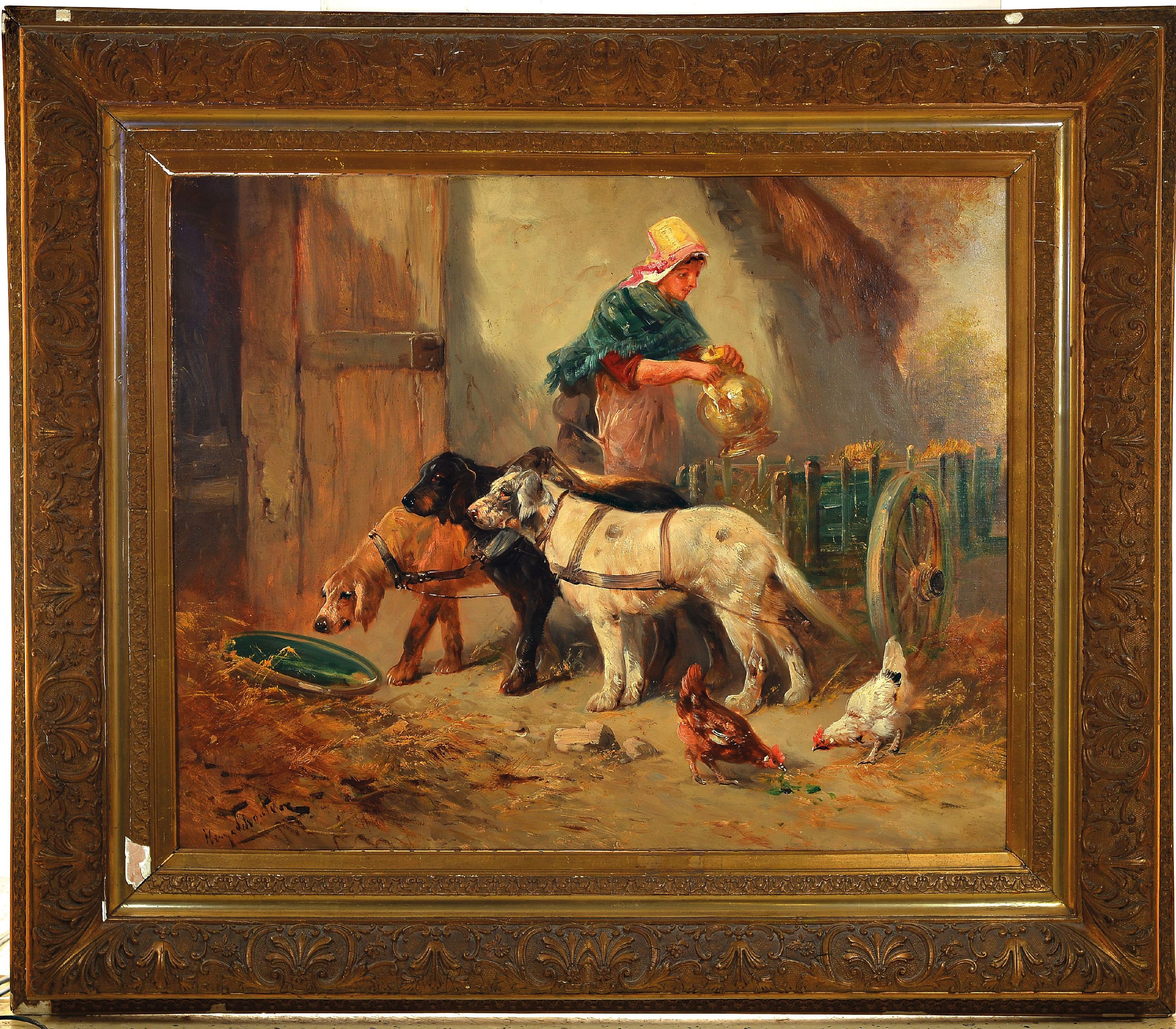Detail k: Henry Schouten, 1864 Indonsien-1927 Gent, bäuerliches Genre, 3 Hunde vor dem Trog und Bäuerin mit Krug, links unten signiert, Öl/Lwd, 80x100 cm, ...