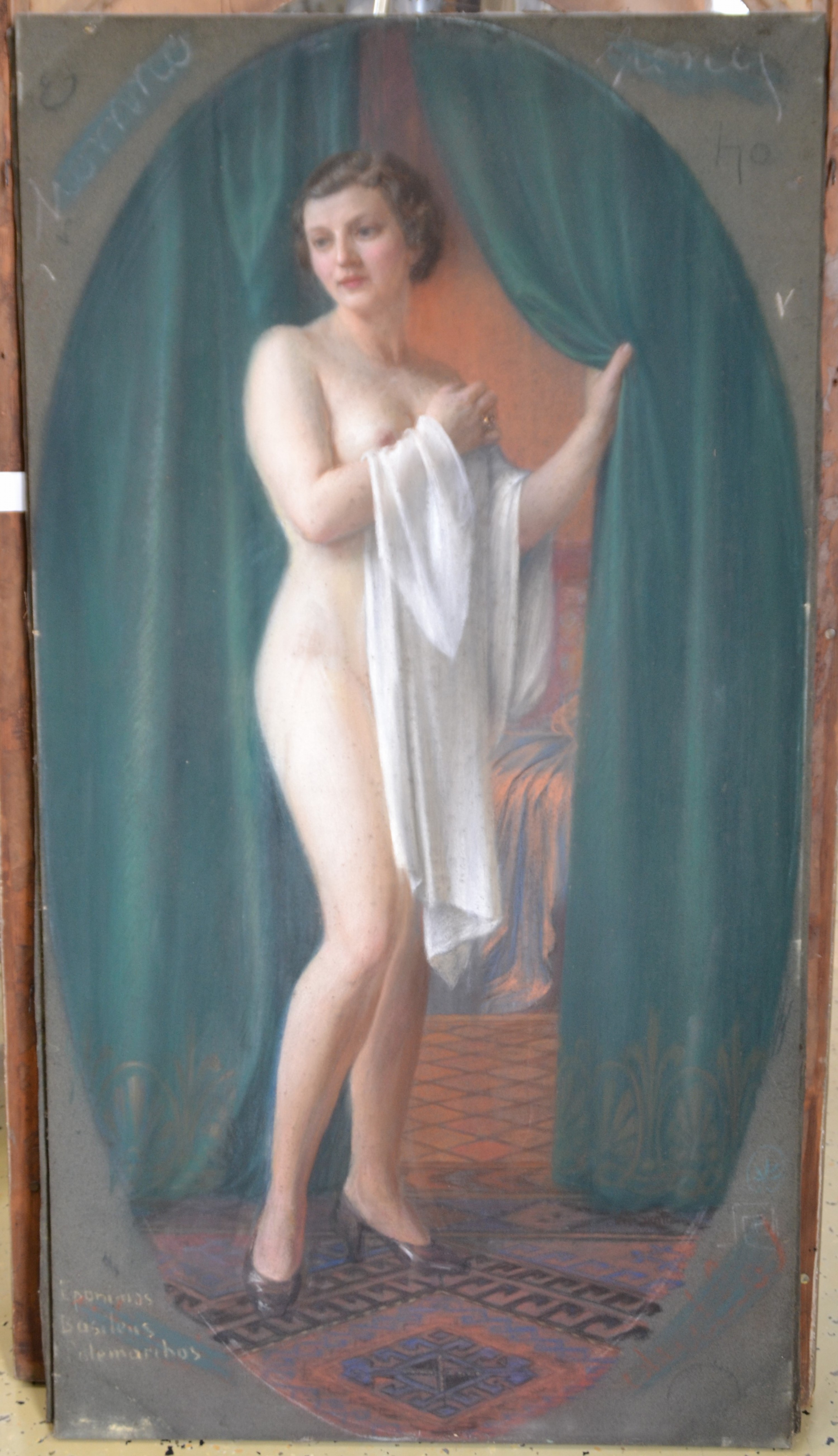 Detail b: Vit Skala, 1883-1967 Prag, Pastell auf Leinwand, stehender weiblicher Akt im Boudoir, schwer lesbar signiert, rückwärtige Abdeckplatte innen ...