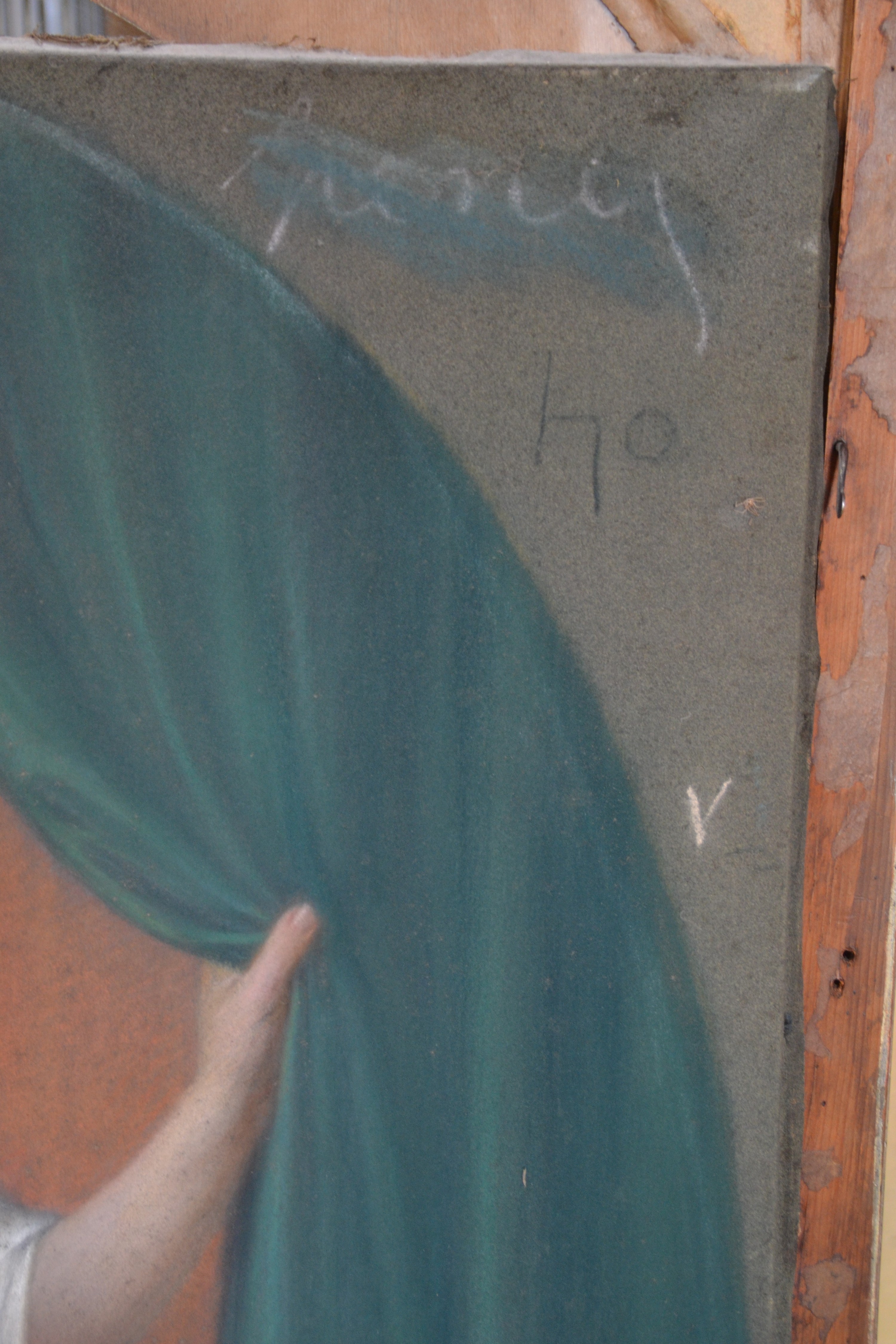 Detail d: Vit Skala, 1883-1967 Prag, Pastell auf Leinwand, stehender weiblicher Akt im Boudoir, schwer lesbar signiert, rückwärtige Abdeckplatte innen ...