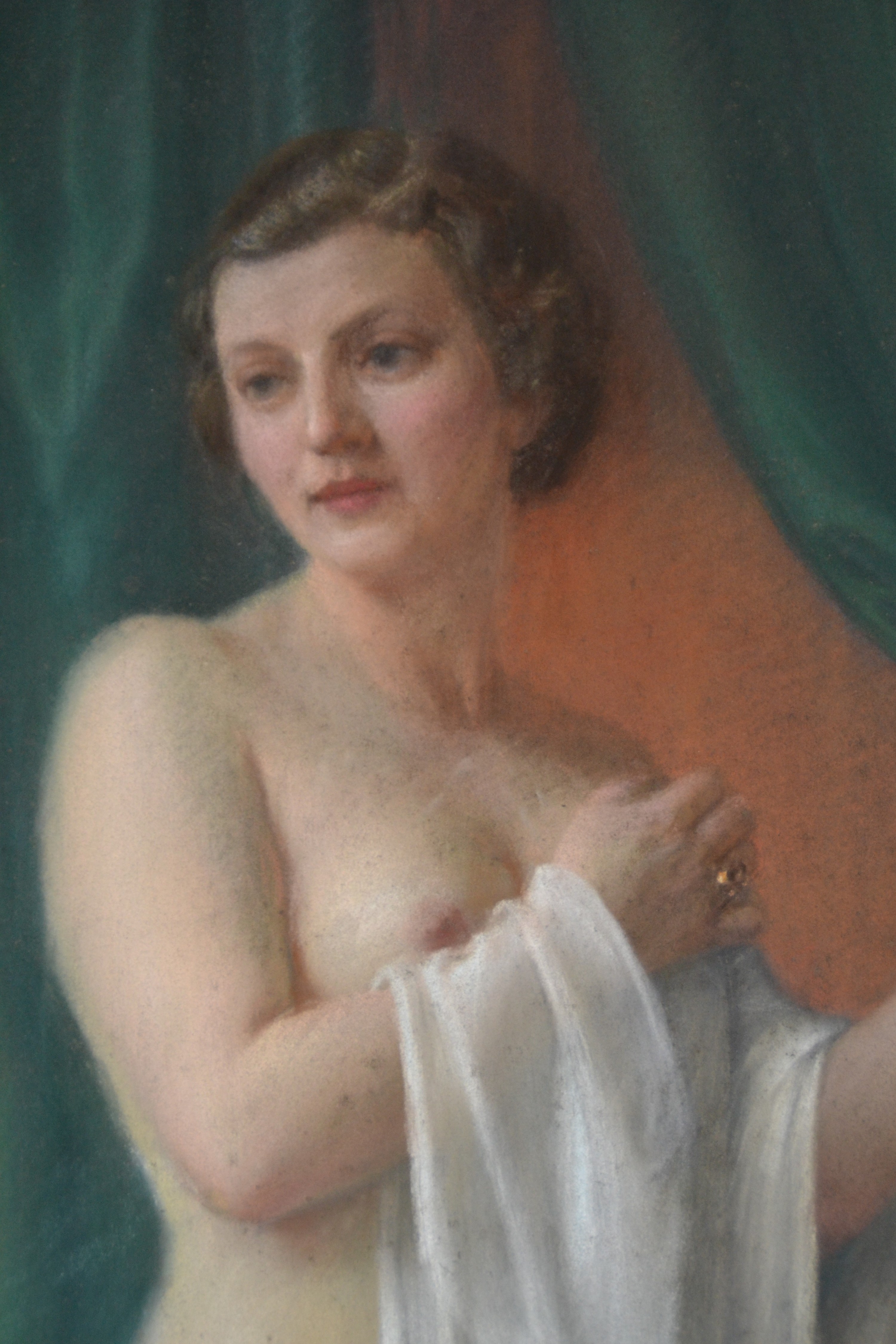 Detail g: Vit Skala, 1883-1967 Prag, Pastell auf Leinwand, stehender weiblicher Akt im Boudoir, schwer lesbar signiert, rückwärtige Abdeckplatte innen ...