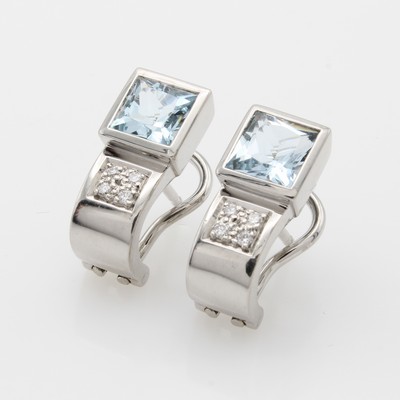 Image Paar OSteckcreolen mit Aquamarinen und Brillanten, WG 750/000, 2 Aquamarincarrées, ...