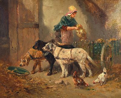 Image Henry Schouten, 1864 Indonsien-1927 Gent, bäuerliches Genre, 3 Hunde vor dem Trog und ...