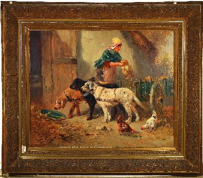 27049473k - Henry Schouten, 1864 Indonsien-1927 Gent, bäuerliches Genre, 3 Hunde vor dem Trog und ...