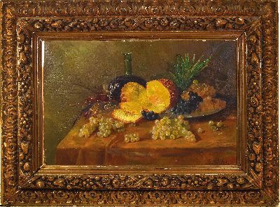 27049477k - Th. Schulze, 19.Jh., Stillleben mit Ananas, Trauben und Weinkaraffe, rechts unten ...