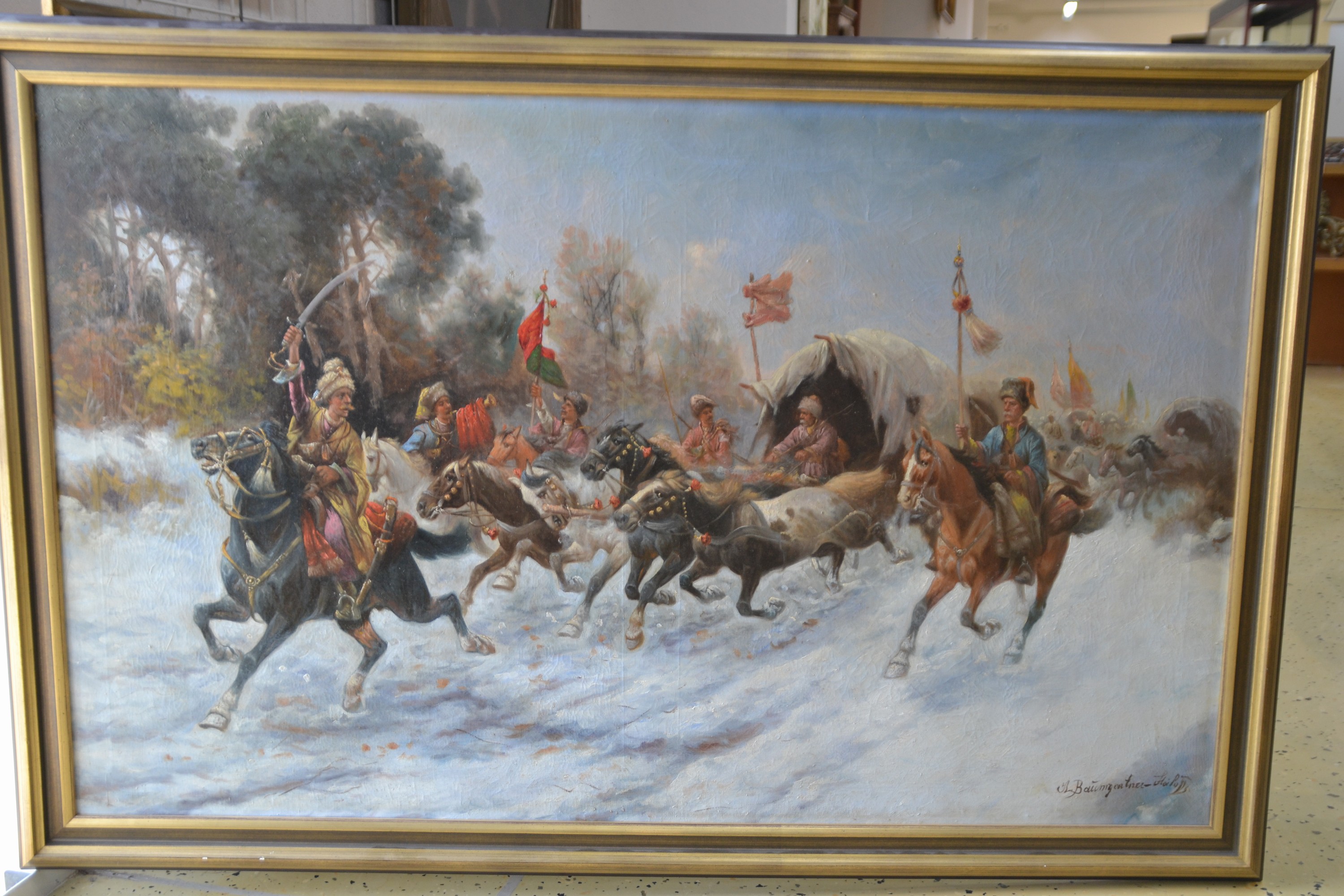 Detail a: Adolf Baumgärtner-Stoiloff, 1850 Linz-1924 Wien, Kosaken-Ritt, Vielfigurige Szene eines eskortierten Transportzuges in Winterlandschaft, rechts ...