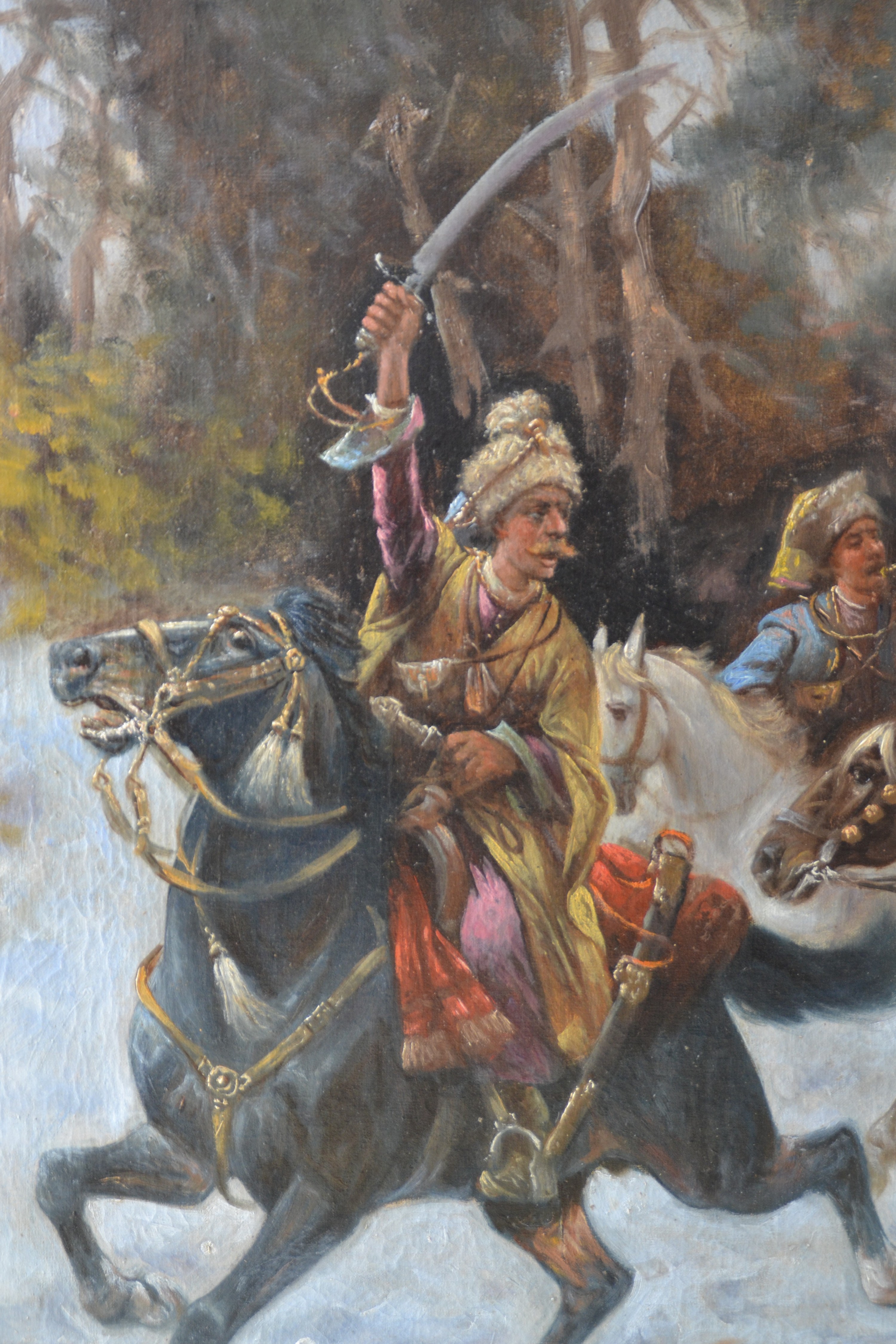 Detail c: Adolf Baumgärtner-Stoiloff, 1850 Linz-1924 Wien, Kosaken-Ritt, Vielfigurige Szene eines eskortierten Transportzuges in Winterlandschaft, rechts ...