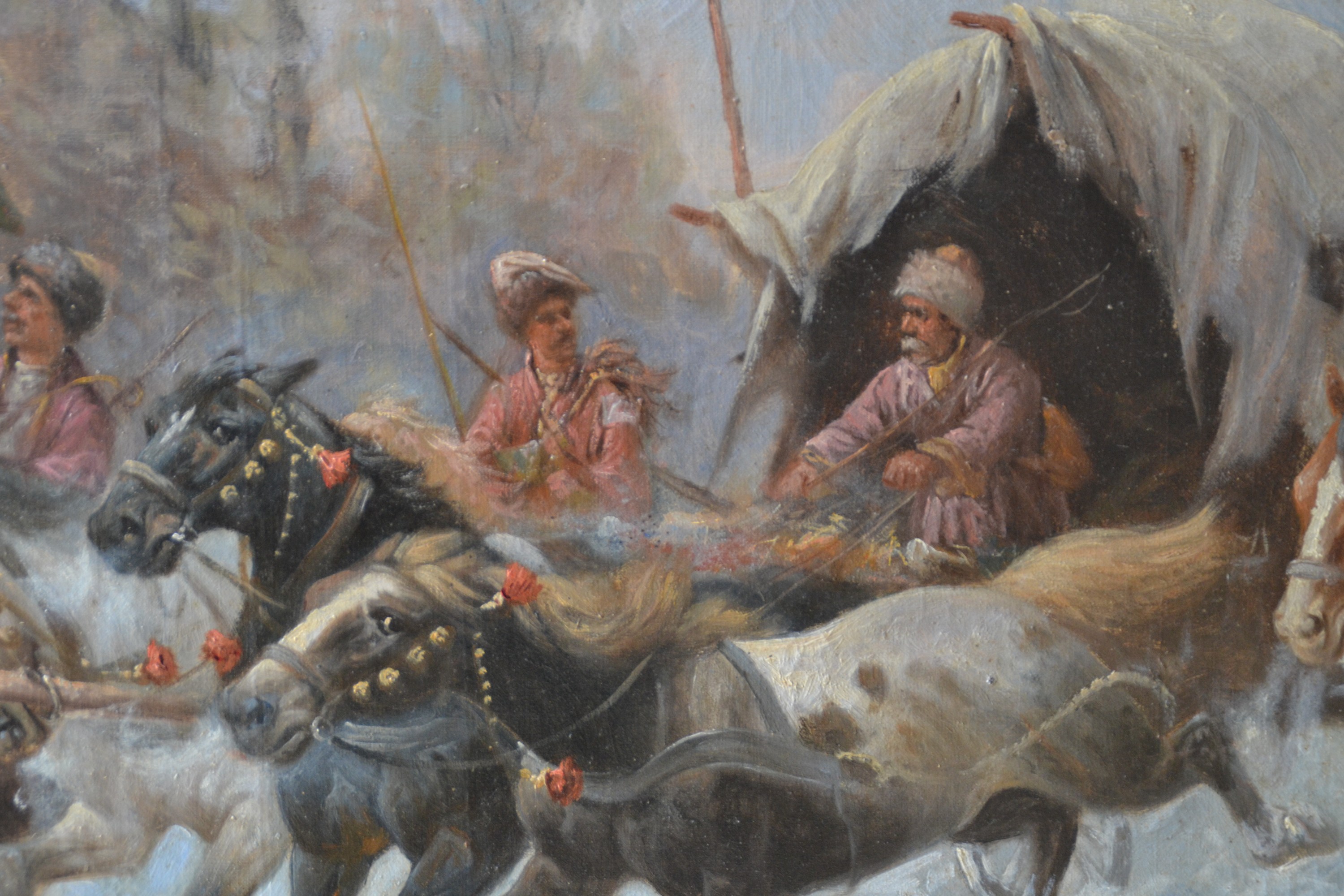 Detail d: Adolf Baumgärtner-Stoiloff, 1850 Linz-1924 Wien, Kosaken-Ritt, Vielfigurige Szene eines eskortierten Transportzuges in Winterlandschaft, rechts ...