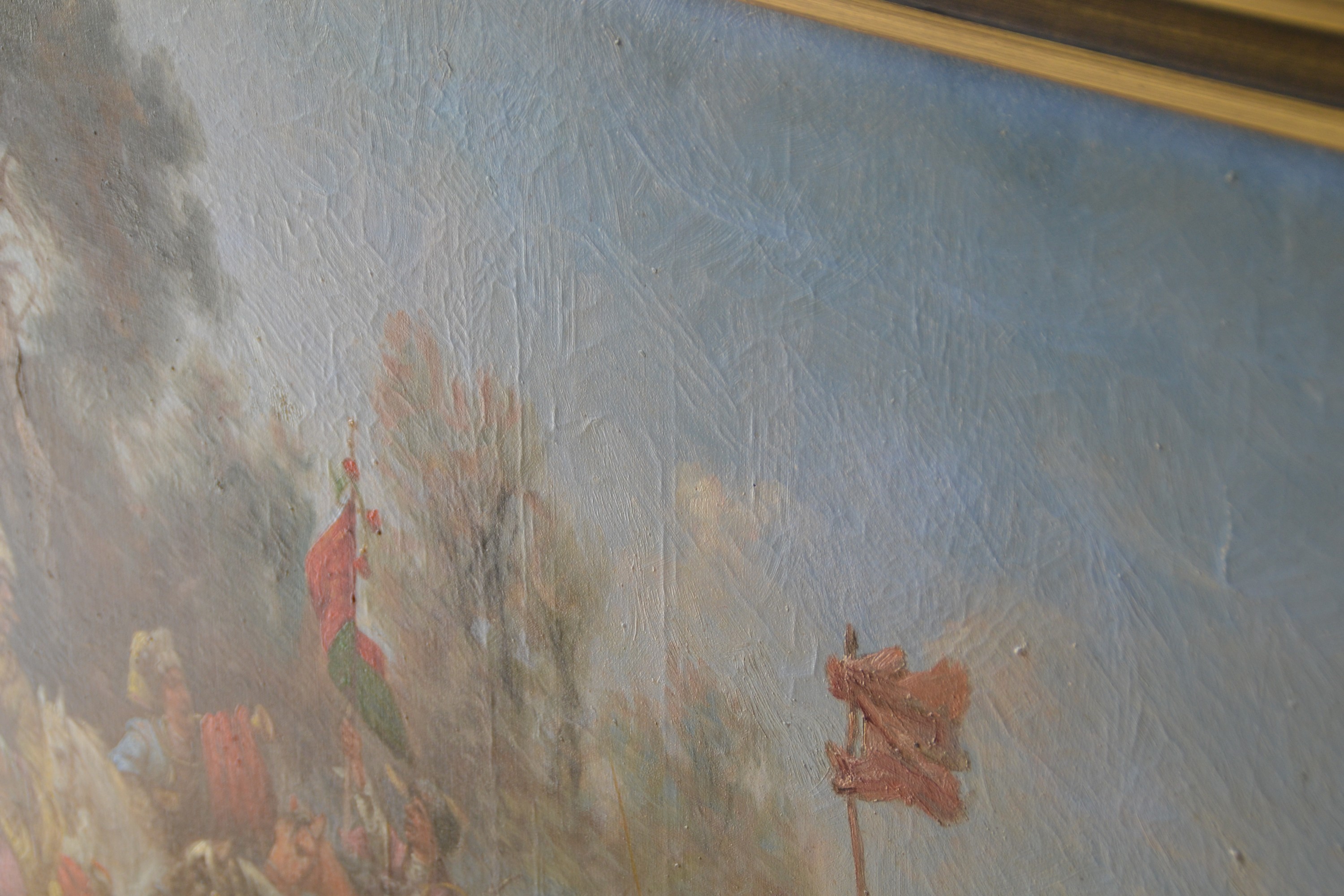 Detail e: Adolf Baumgärtner-Stoiloff, 1850 Linz-1924 Wien, Kosaken-Ritt, Vielfigurige Szene eines eskortierten Transportzuges in Winterlandschaft, rechts ...