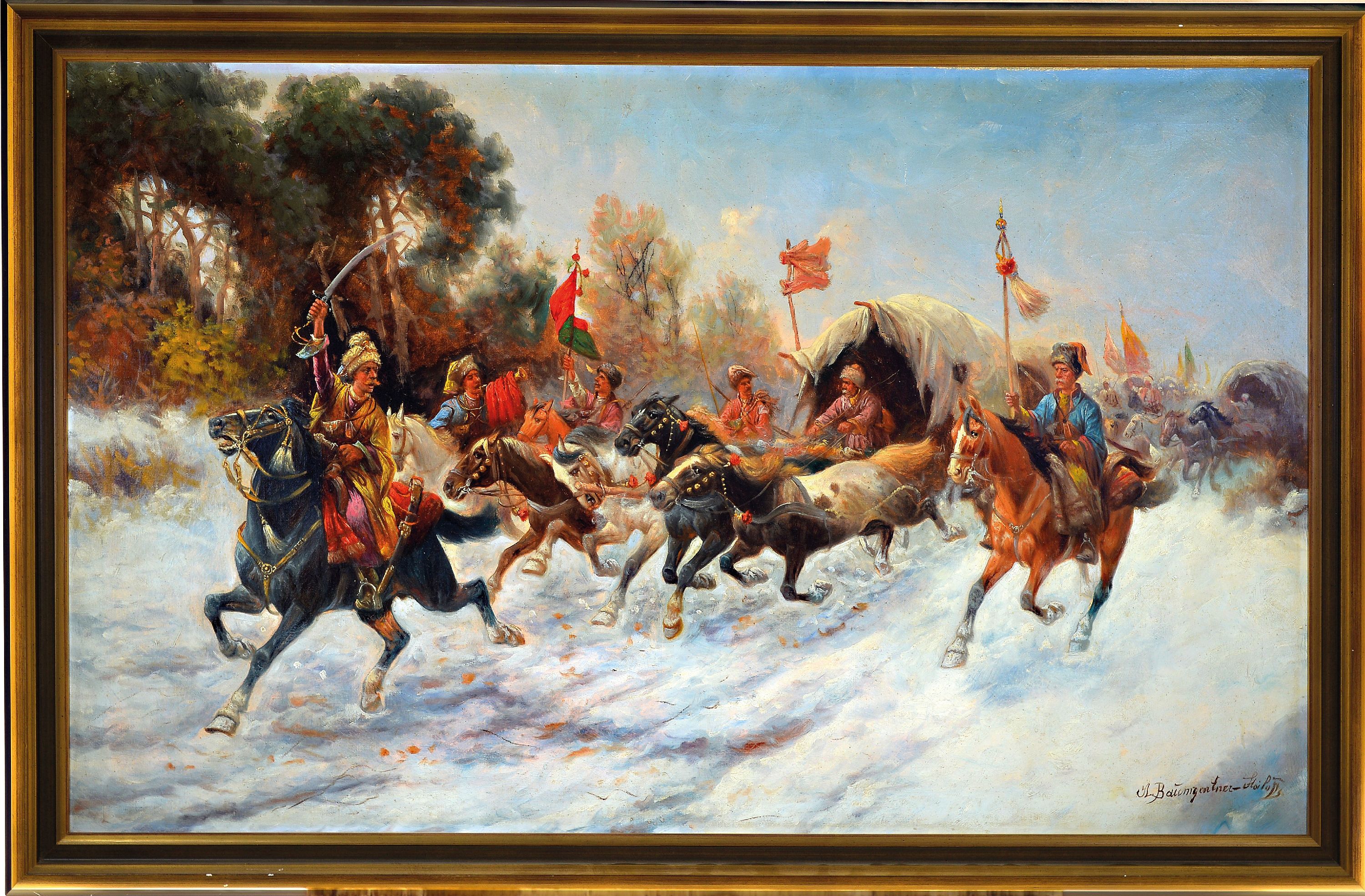 Detail k: Adolf Baumgärtner-Stoiloff, 1850 Linz-1924 Wien, Kosaken-Ritt, Vielfigurige Szene eines eskortierten Transportzuges in Winterlandschaft, rechts ...
