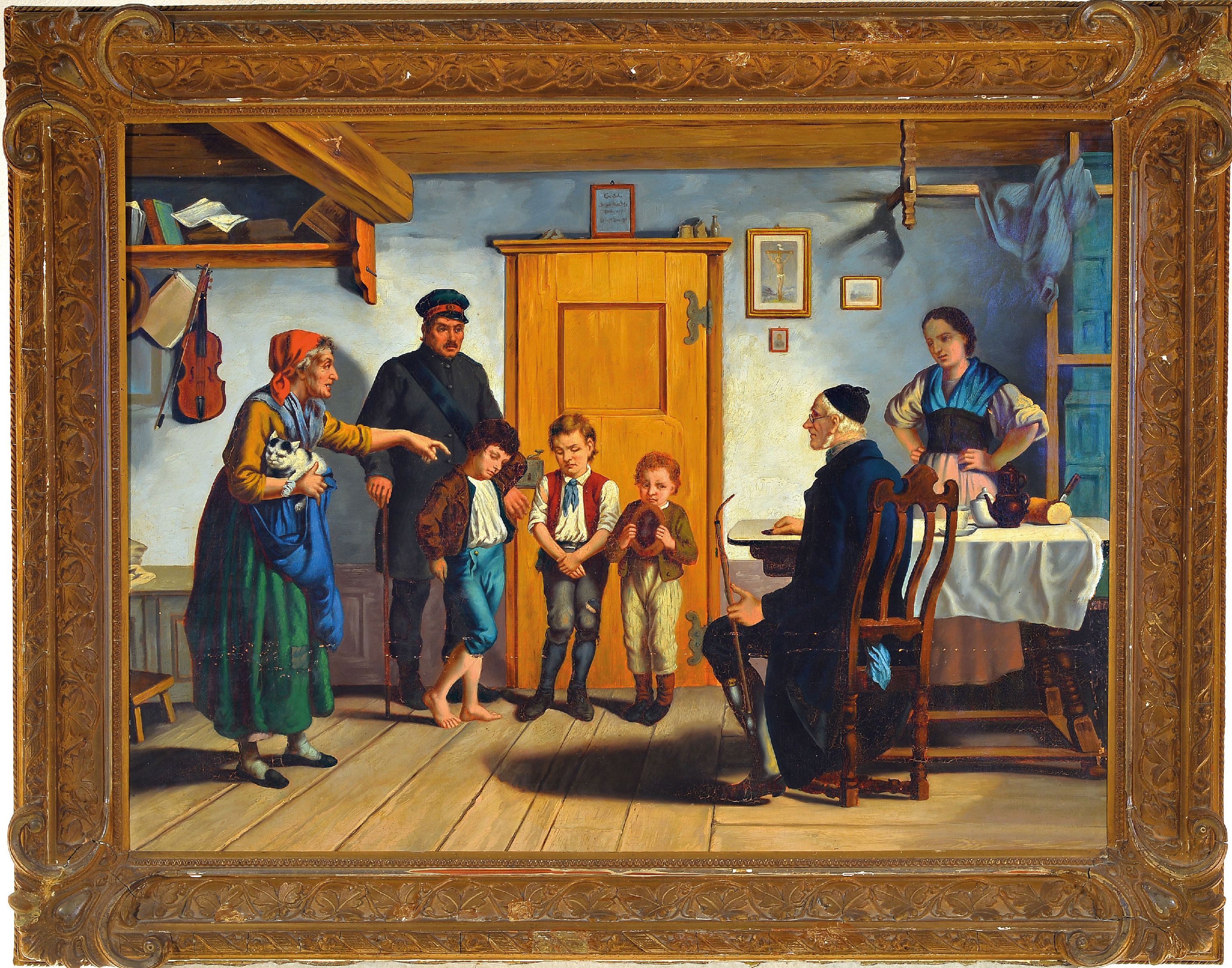 Detail k: Unbekannter Genremaler um 1900, wohl Tschechien, Interieur mit Figurengruppe, 3 Knaben werden der Tierquälerei bezichtigt, unsigniert, Öl/Lwd, ...