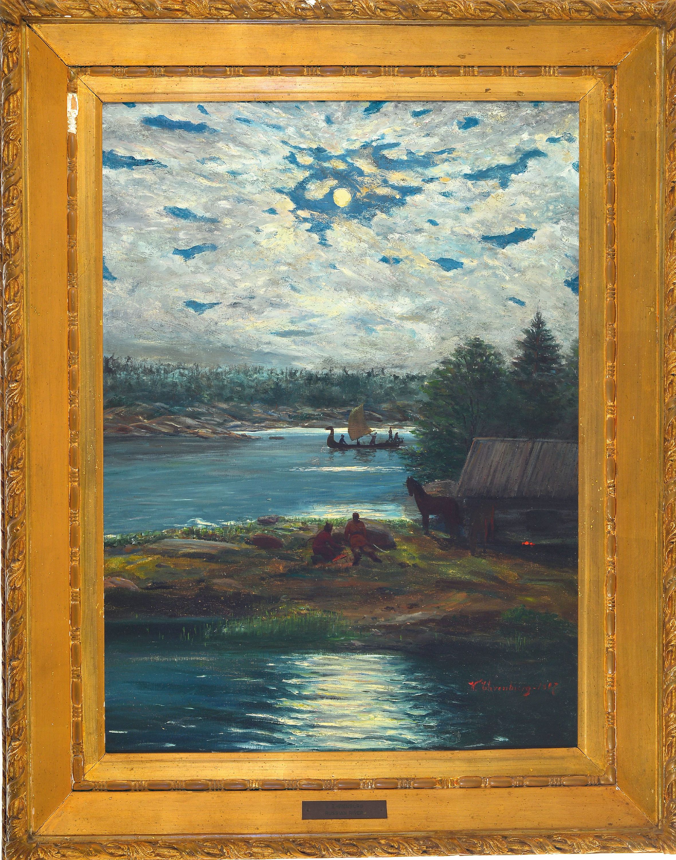 Detail k: W. Ehrenburg, Künstler des 19.Jh., Vollmondlandschaft, Paar slawische Soldaten stellen einem nordischen Schiff nach, rechts unten signiert und ...