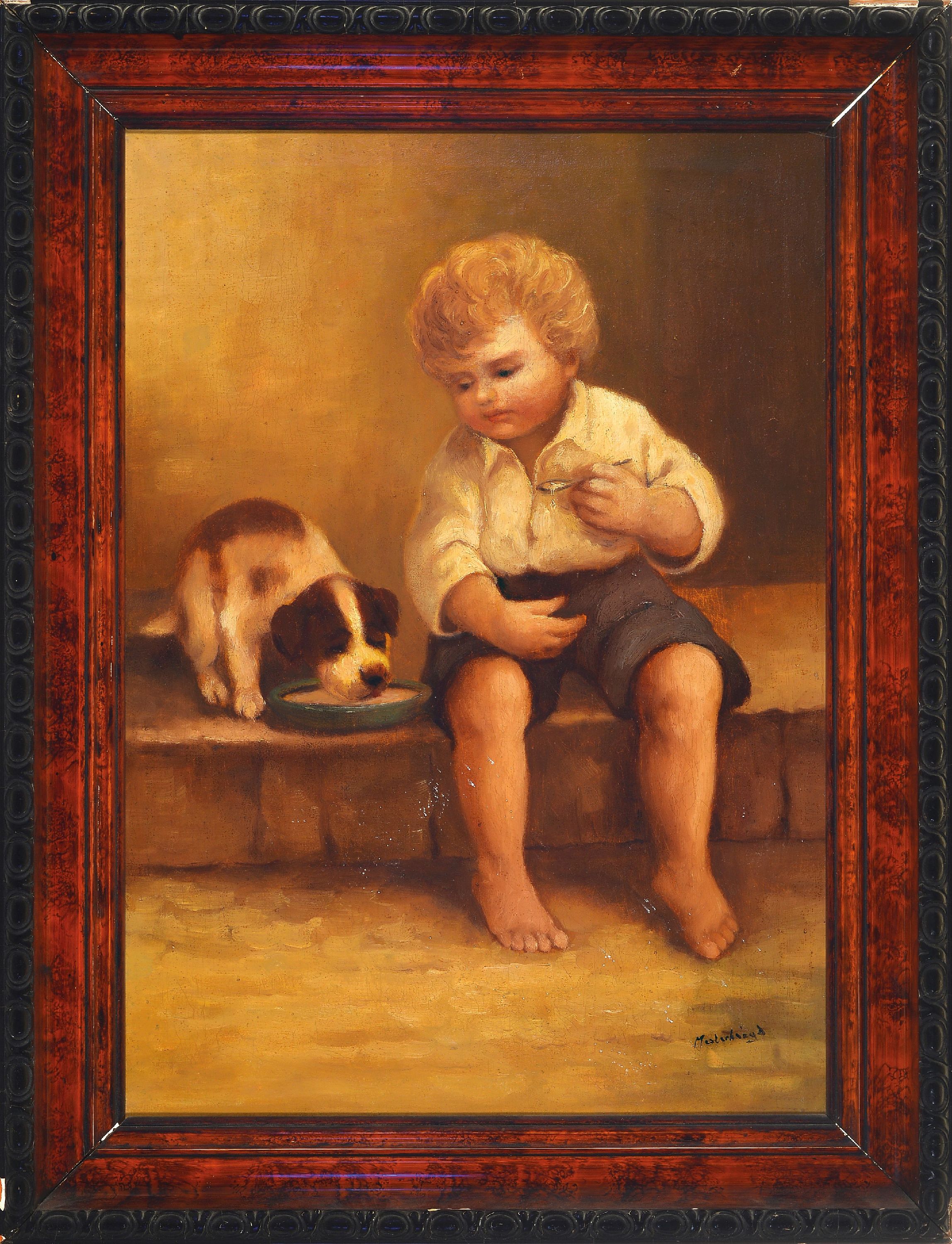 Detail k: Denes Mesterhazy, um 1900-1949, ungarisch, ein Knabe teil sein Mahl mit einem Welpen, rechts unten signiert, Öl/Lwd, 70x50 cm, Rahmen 86x66 cm, ...