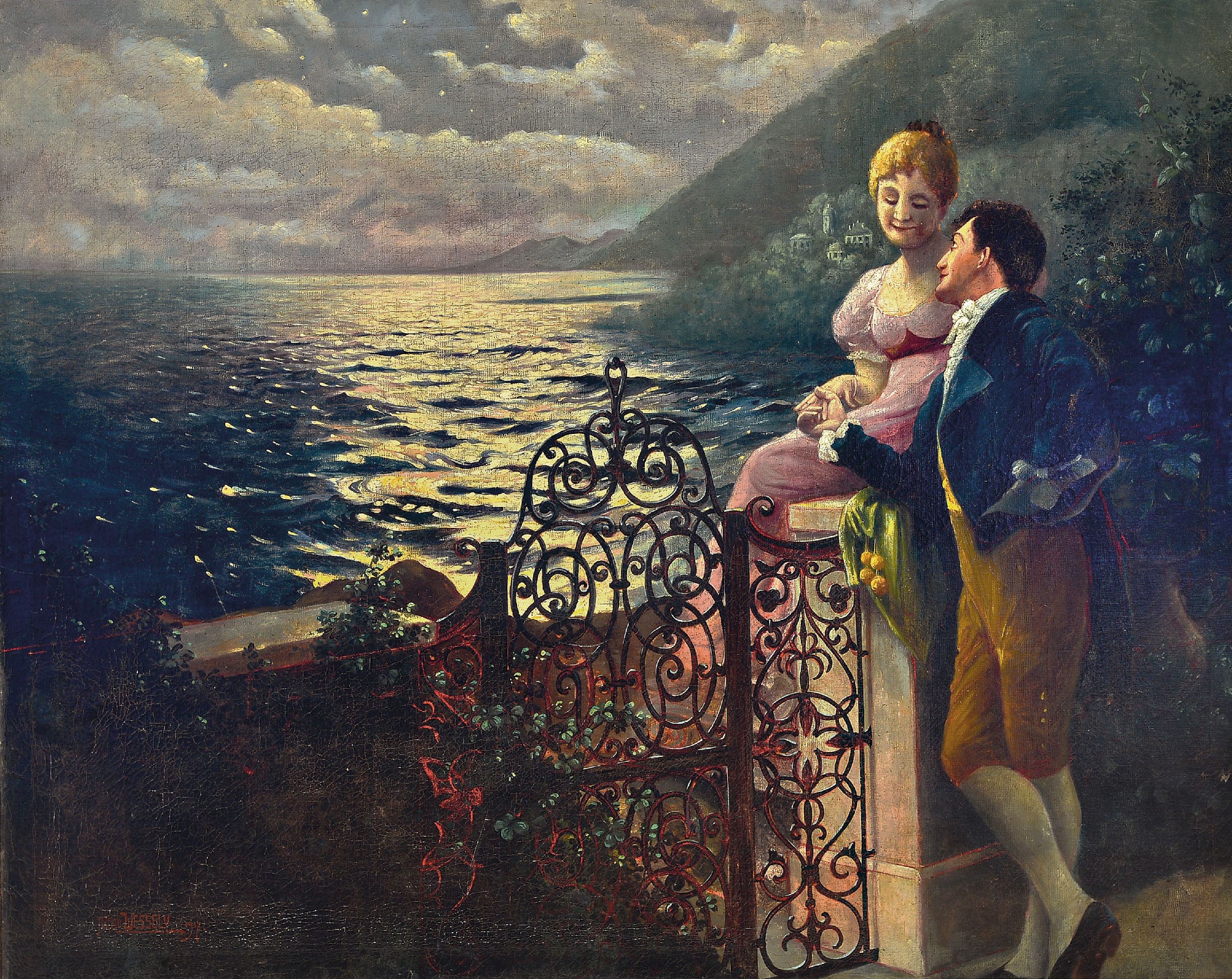 Image 27049524 - Alfred Wessely, datiert 1917, galantes Paar vor Küstenlandschaft im Mondenschein, links ...