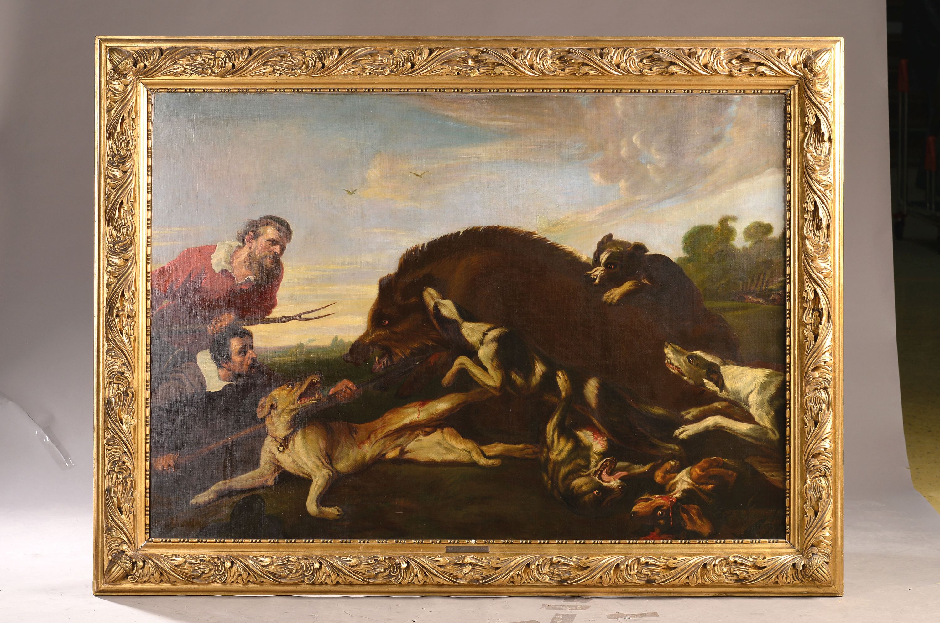 Detail k: Unbekannter Kopist nach Frans Snyders (1579 -1657), 19.Jh., großformatige Wildschweinjagd nach dem Original um 1640, verso Verweis auf ...